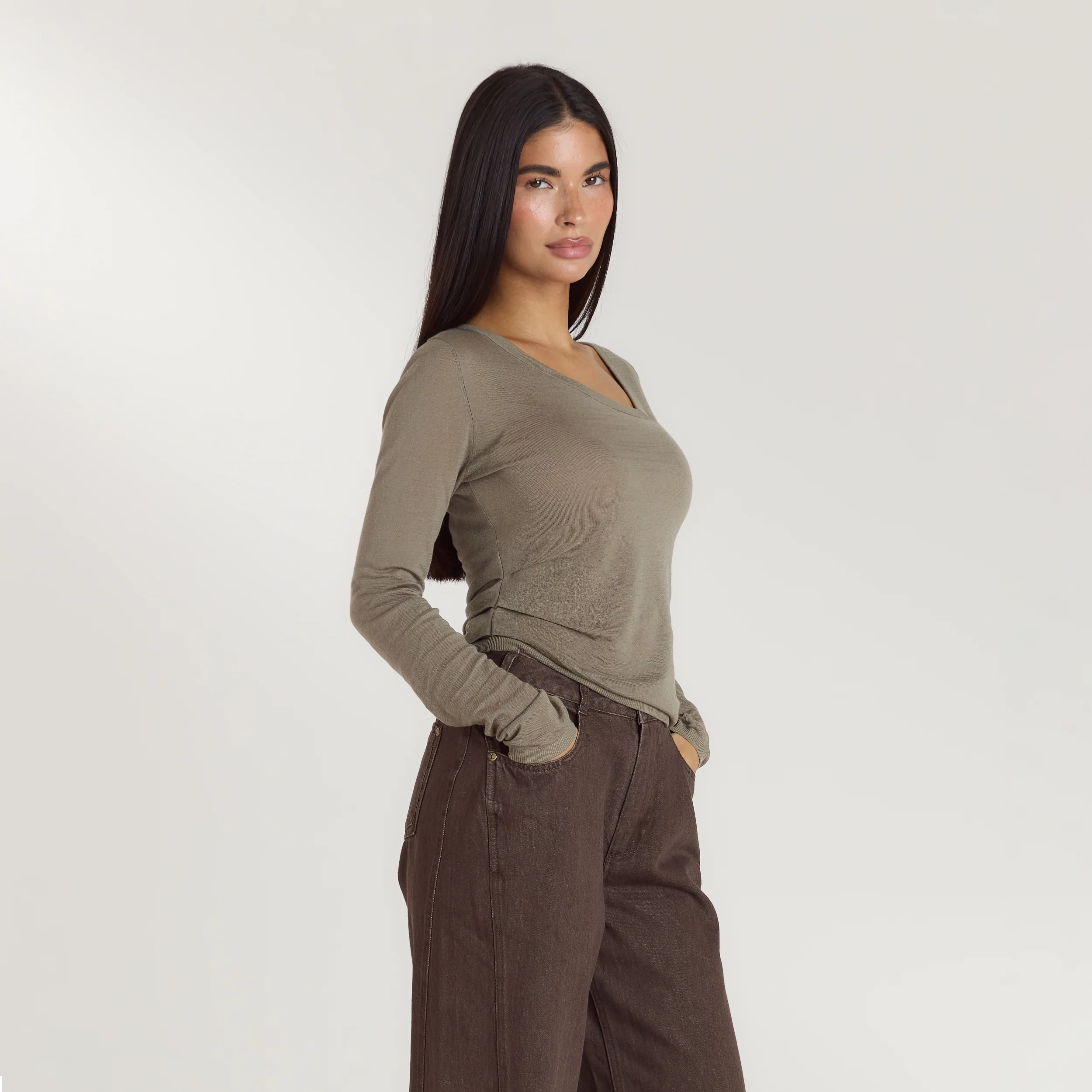 Asymmetric Fine Knit Top - Thyme - Image 5