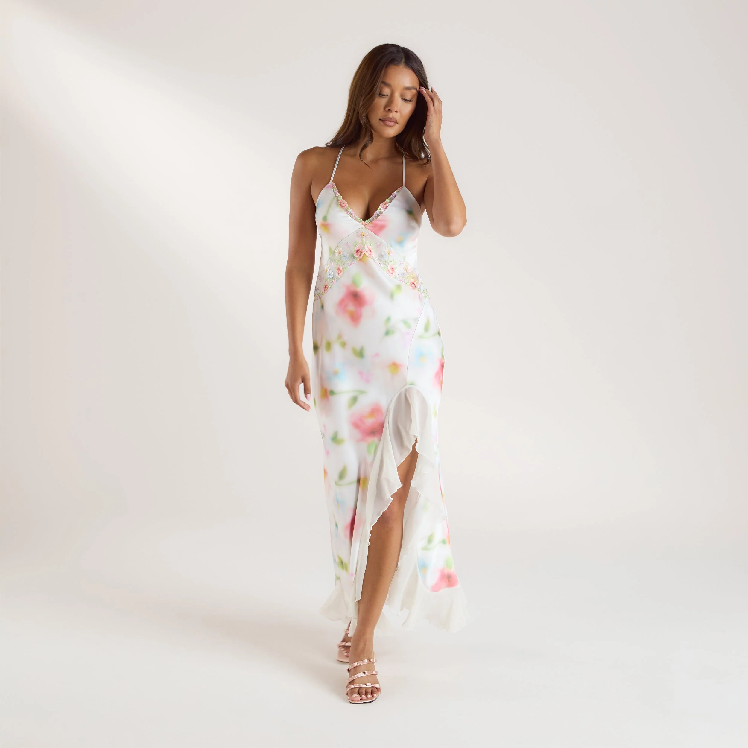 Aurora Printed Satin Maxi Dress - Floral Print - Image 3