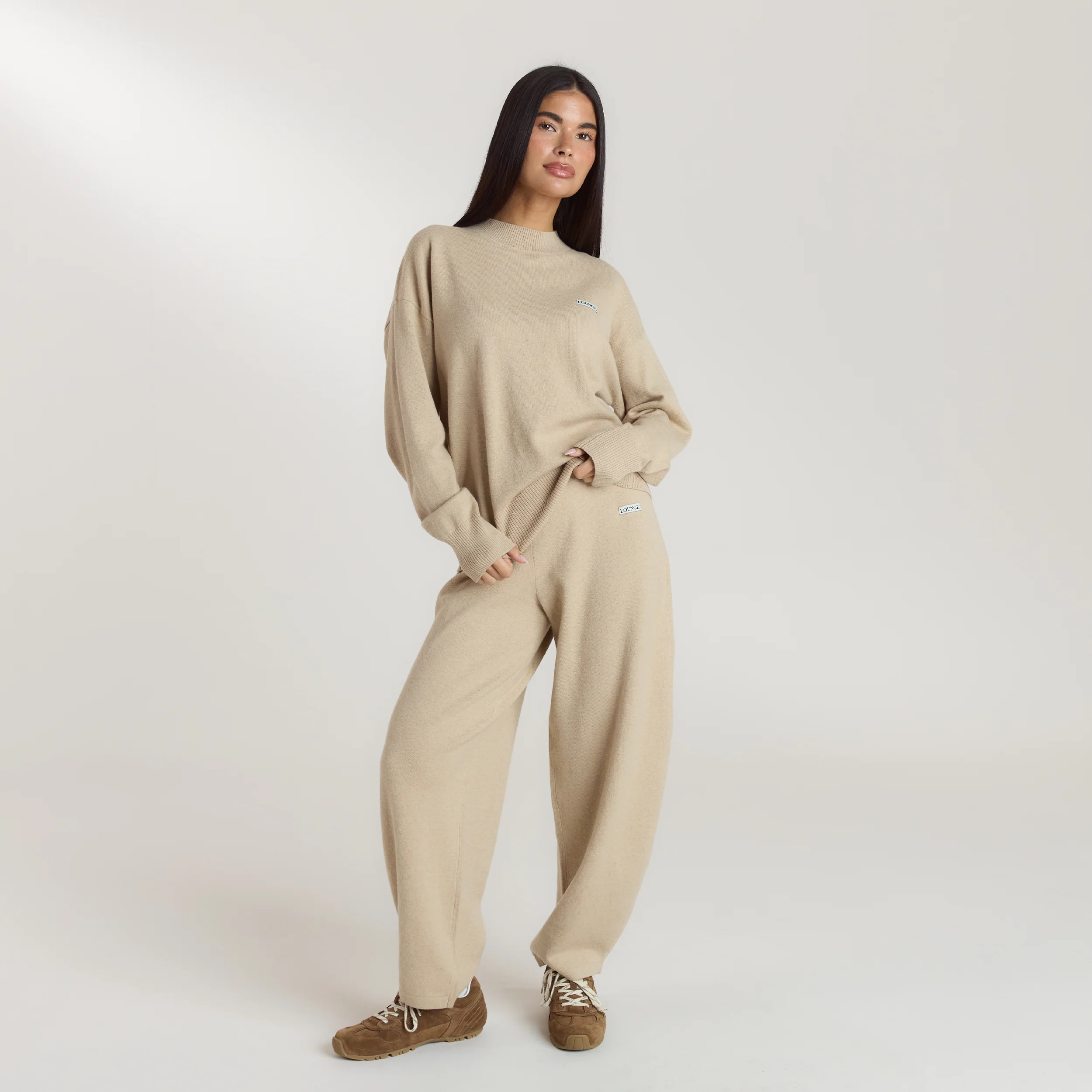 Barrel Leg Knitted Joggers - Oatmeal Marl - Image 3