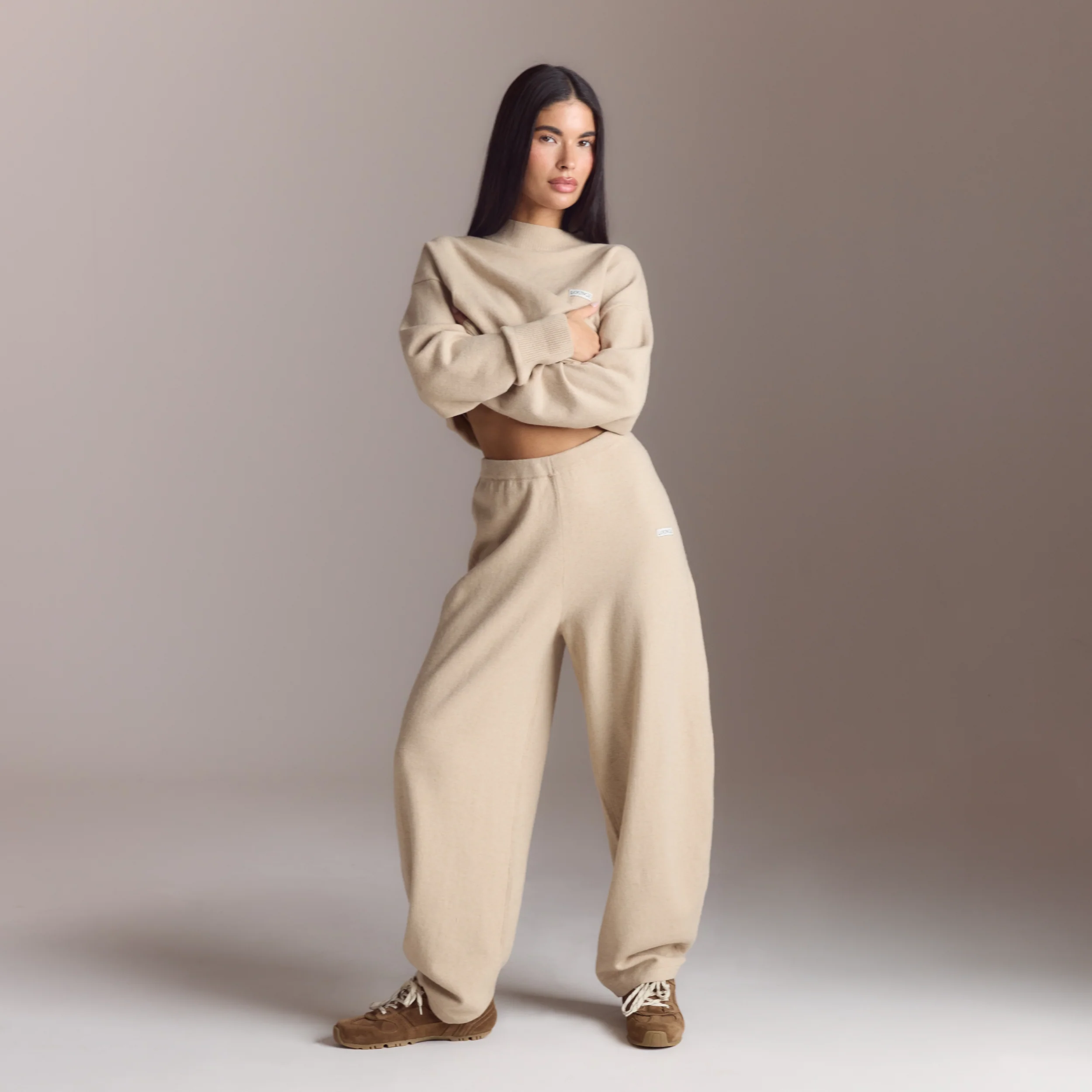 Barrel Leg Knitted Joggers - Oatmeal Marl - Image 4