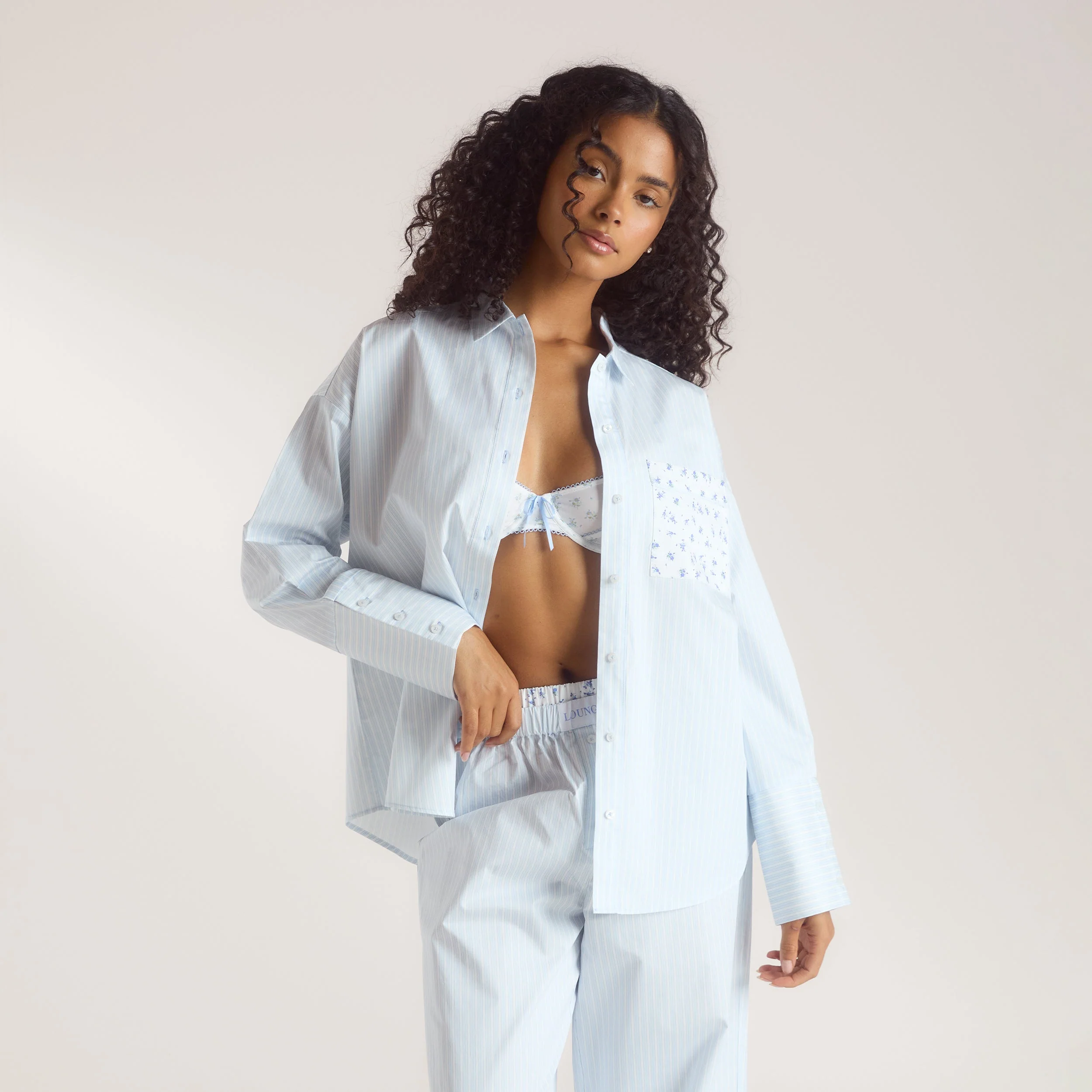 Bloom & Stripe Pyjama Shirt - Blue - Image 5
