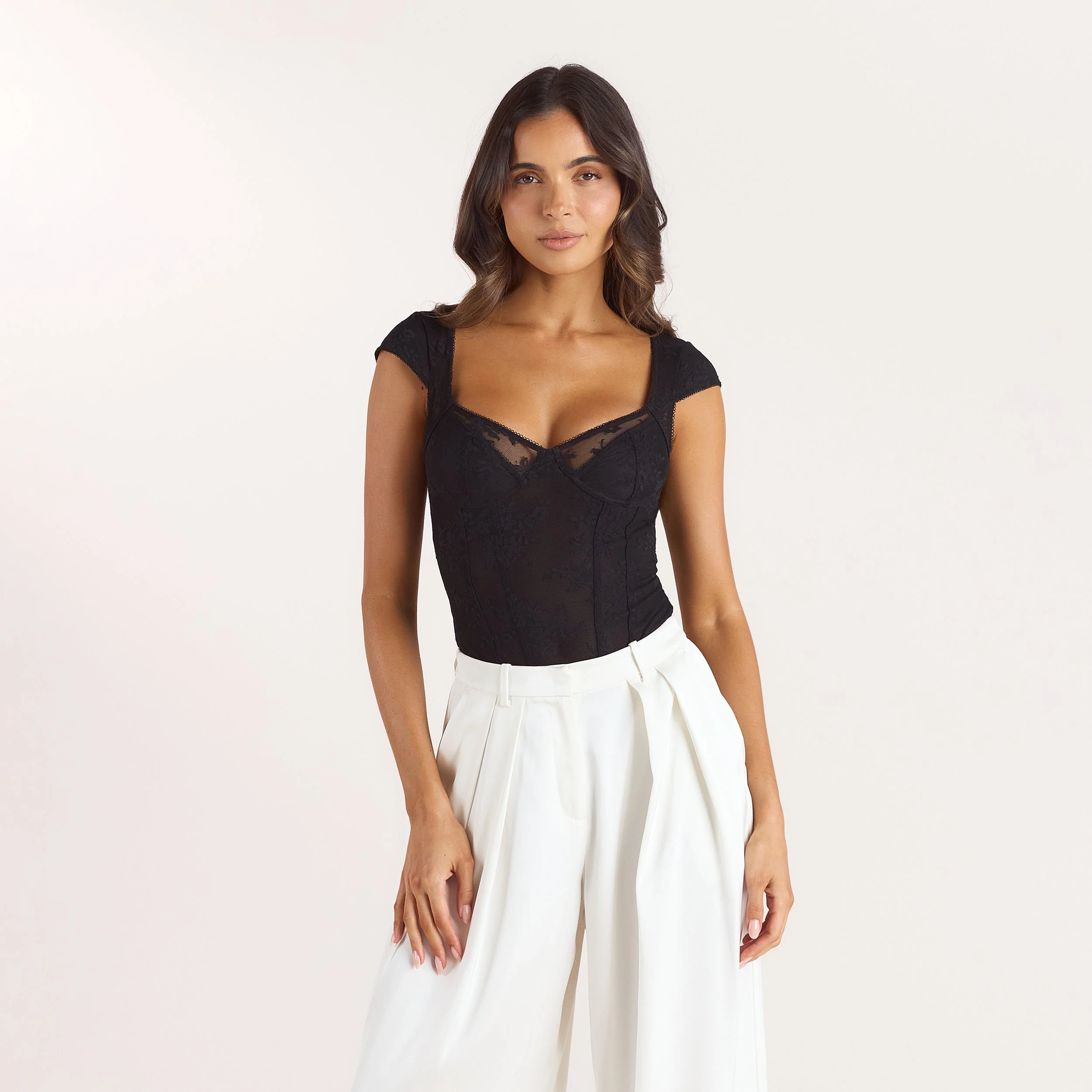 Cap-Sleeve Lace Bodysuit - Black - Image 4