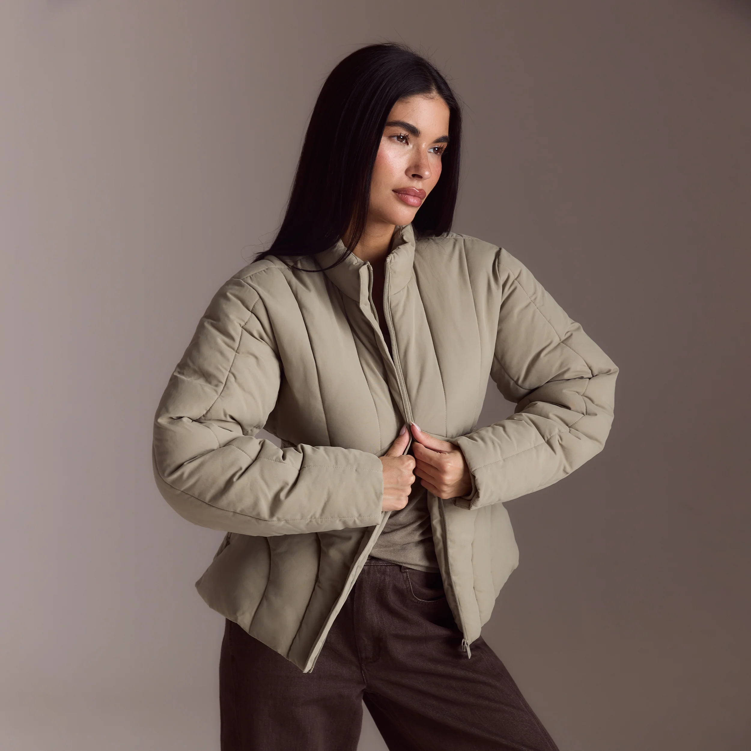Cinched Puffer Coat - Thyme - Image 3