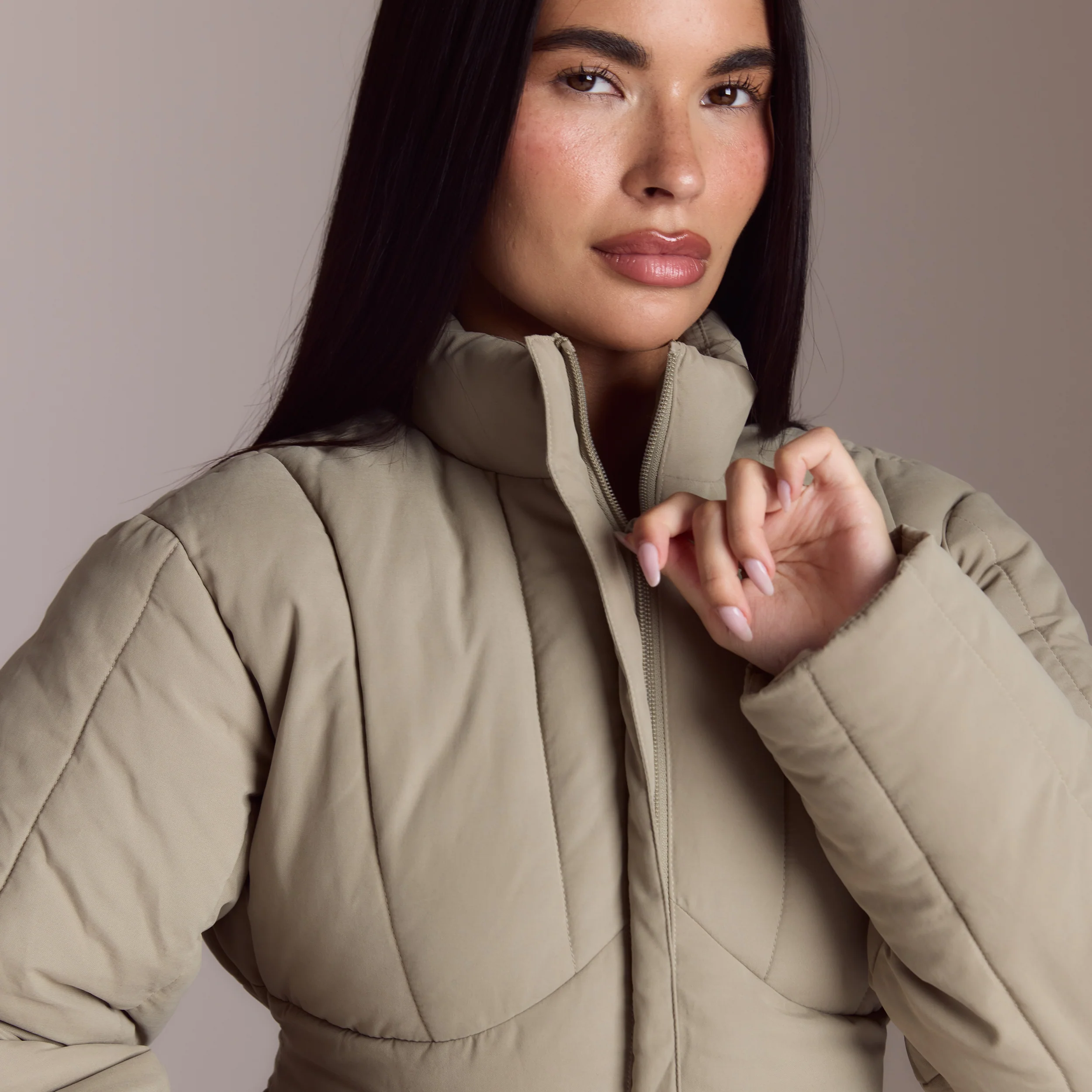 Cinched Puffer Coat - Thyme - Image 4