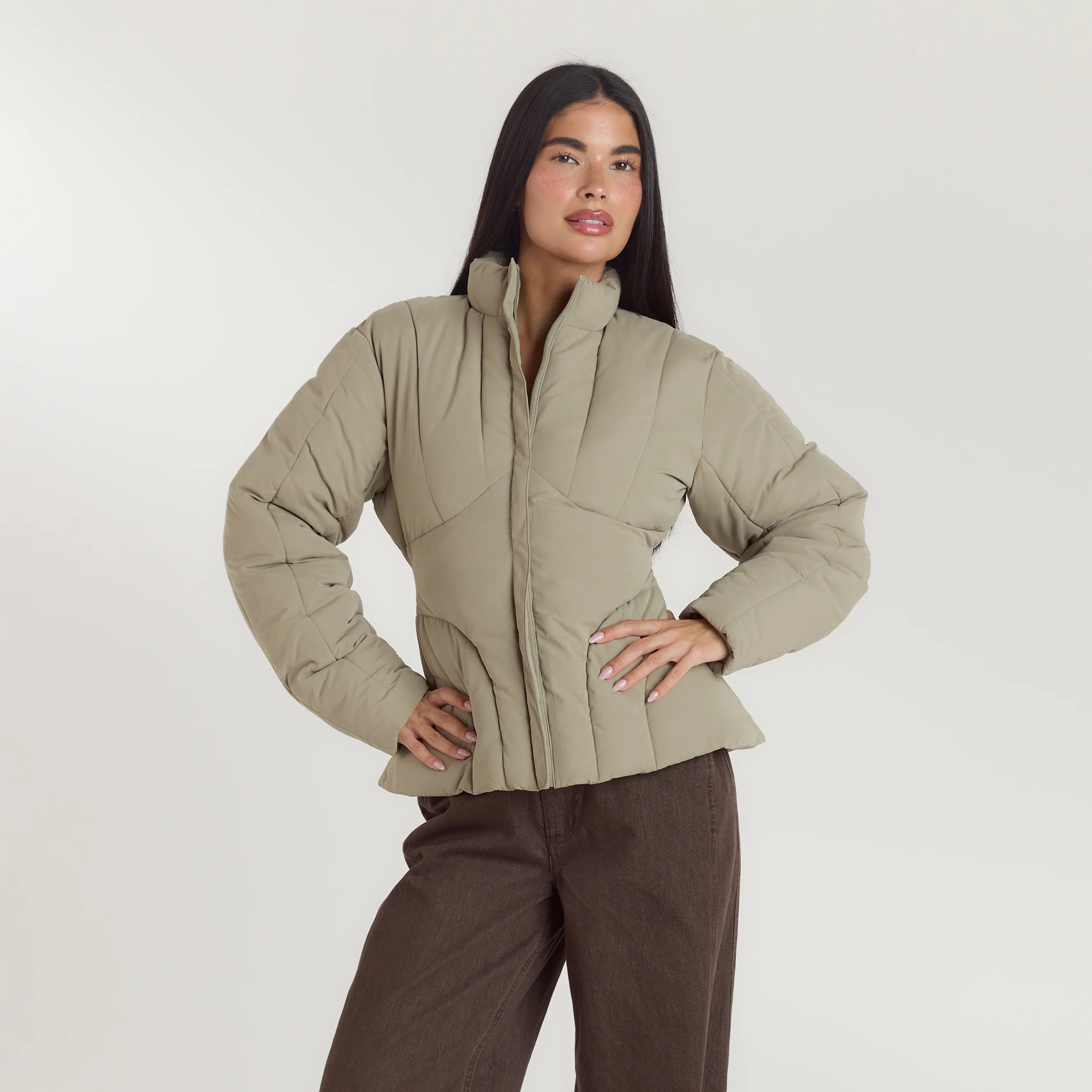 Cinched Puffer Coat - Thyme - Image 5