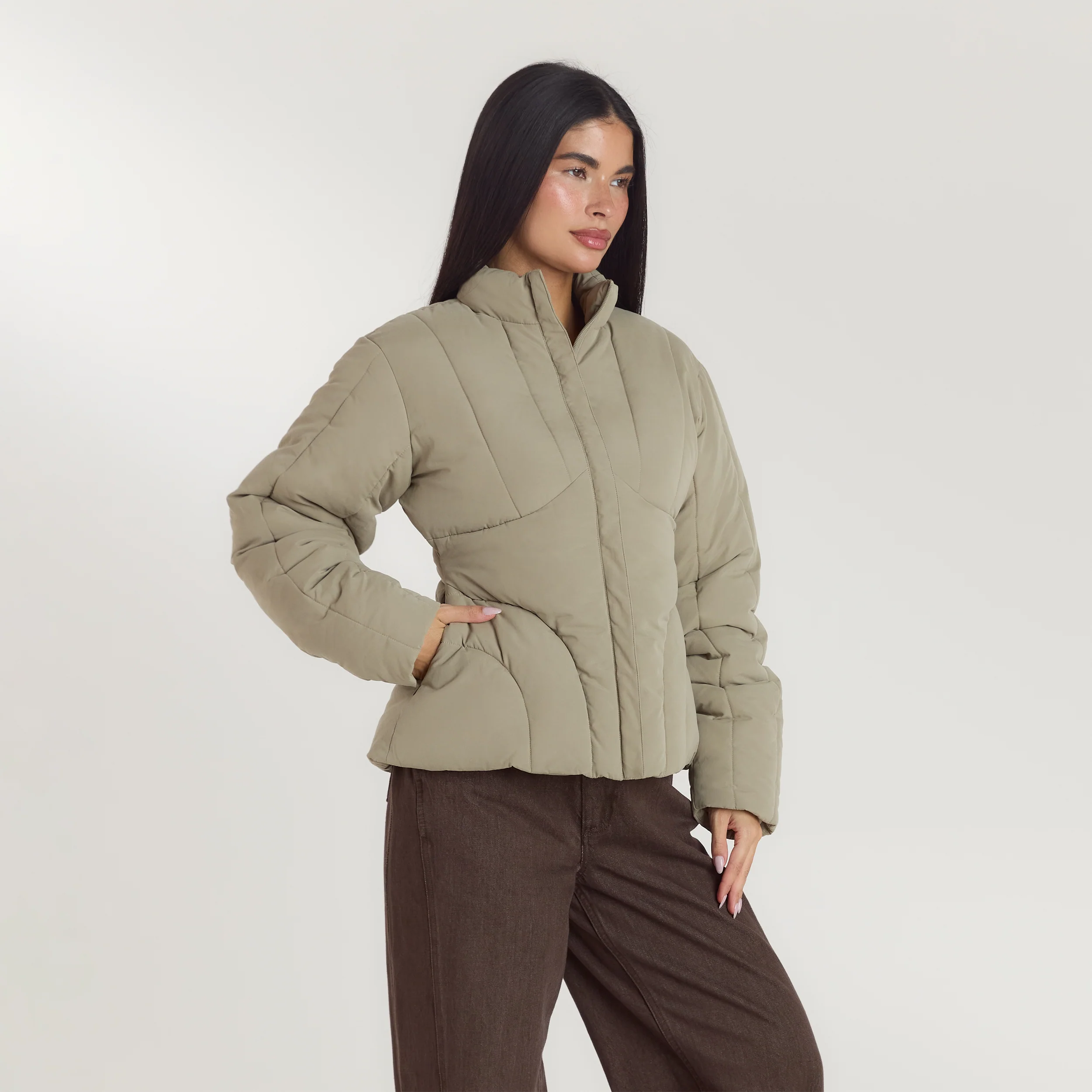 Cinched Puffer Coat - Thyme - Image 7
