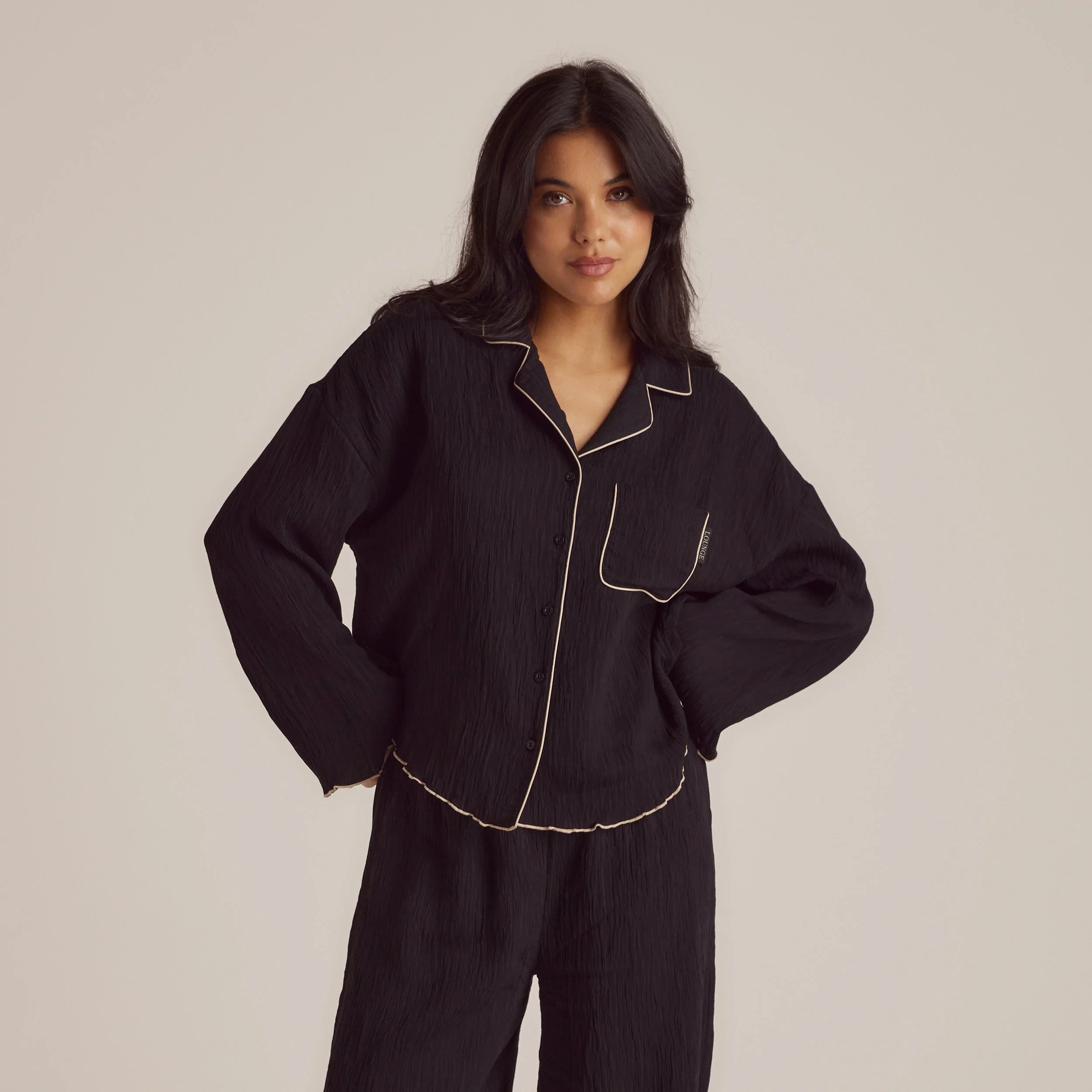 Crinkle Pajama Shirt - Black - Image 11