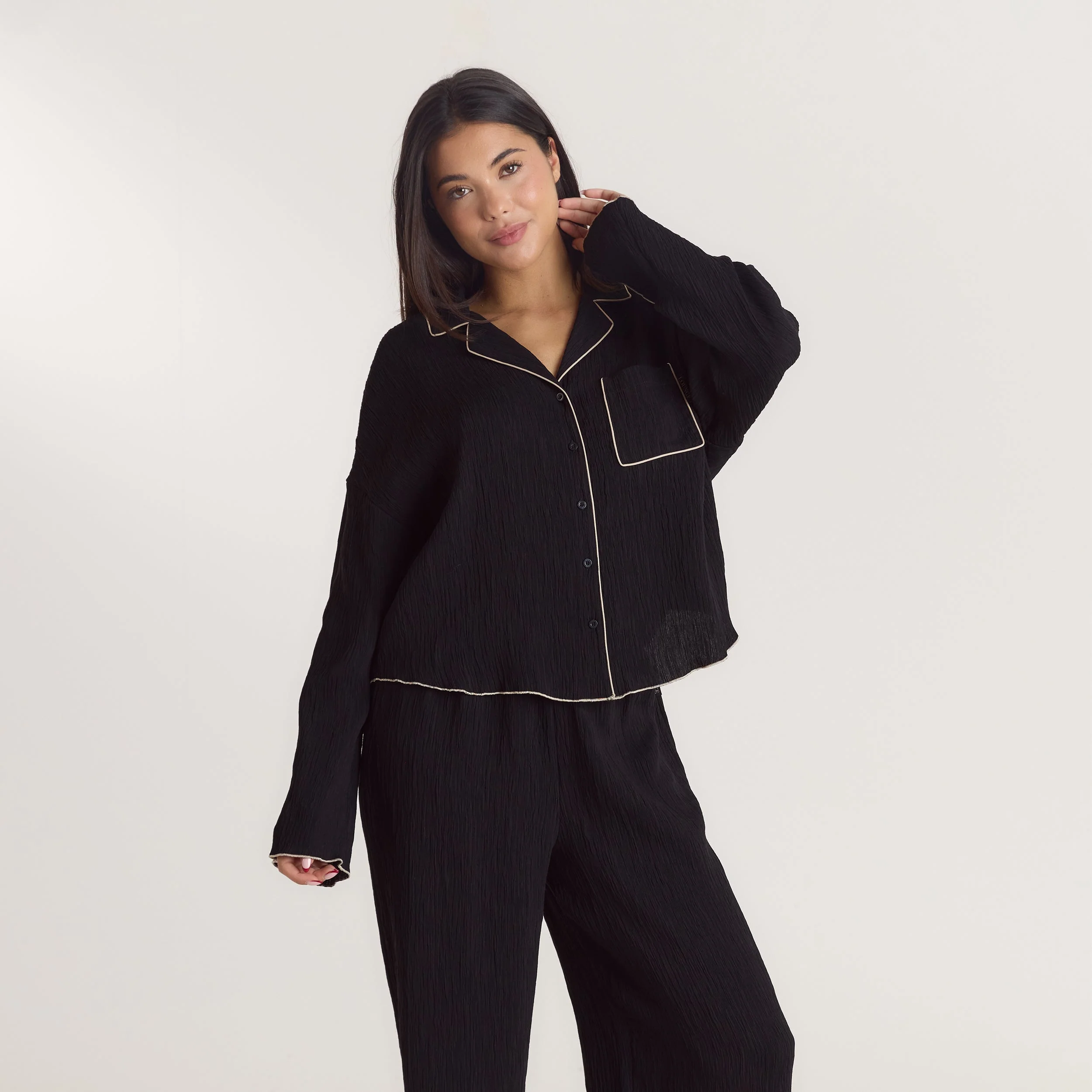 Crinkle Pajama Shirt - Black - Image 3