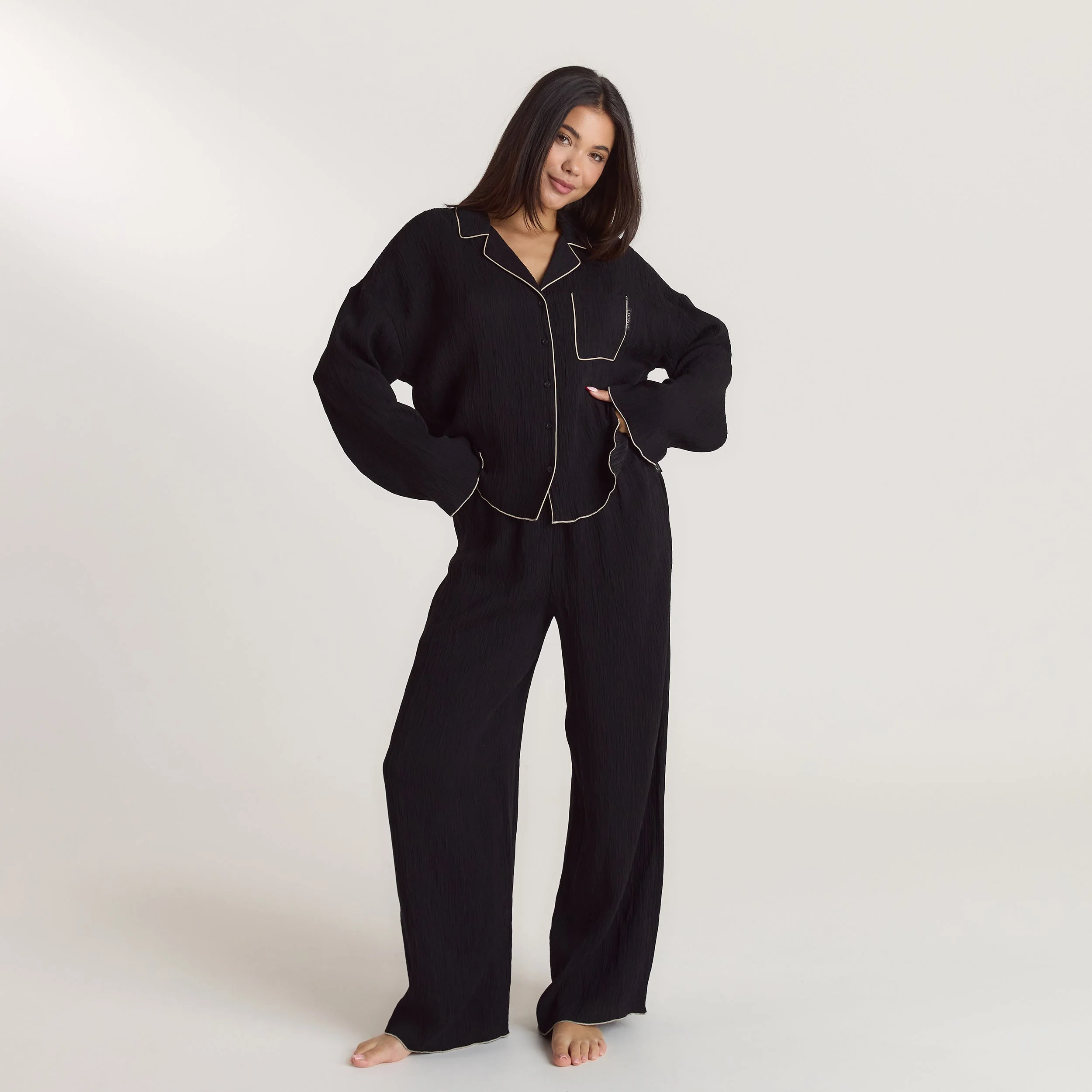 Crinkle Pajama Shirt - Black - Image 4