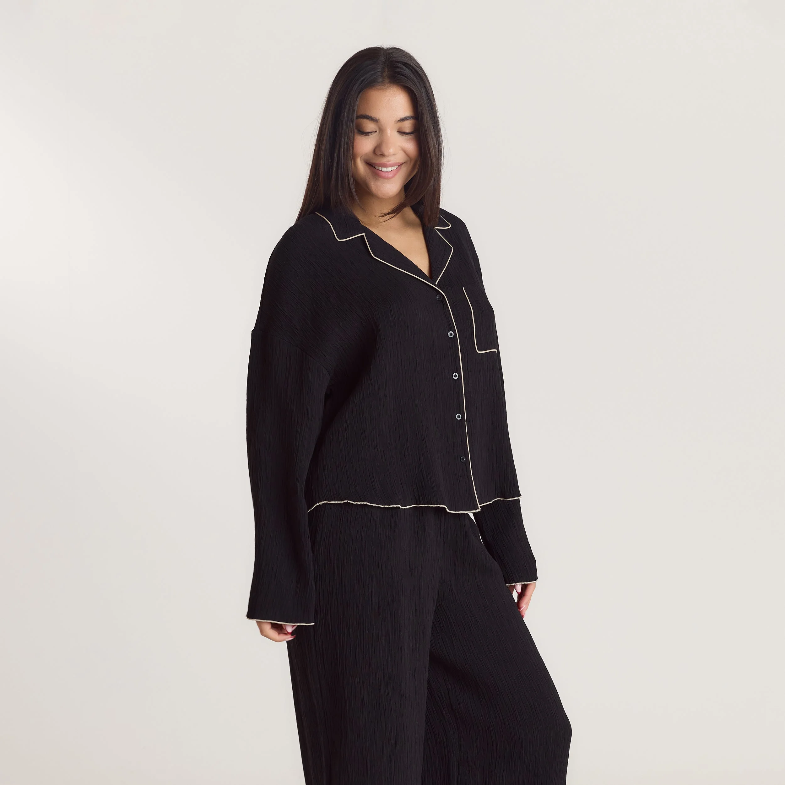Crinkle Pajama Shirt - Black - Image 6