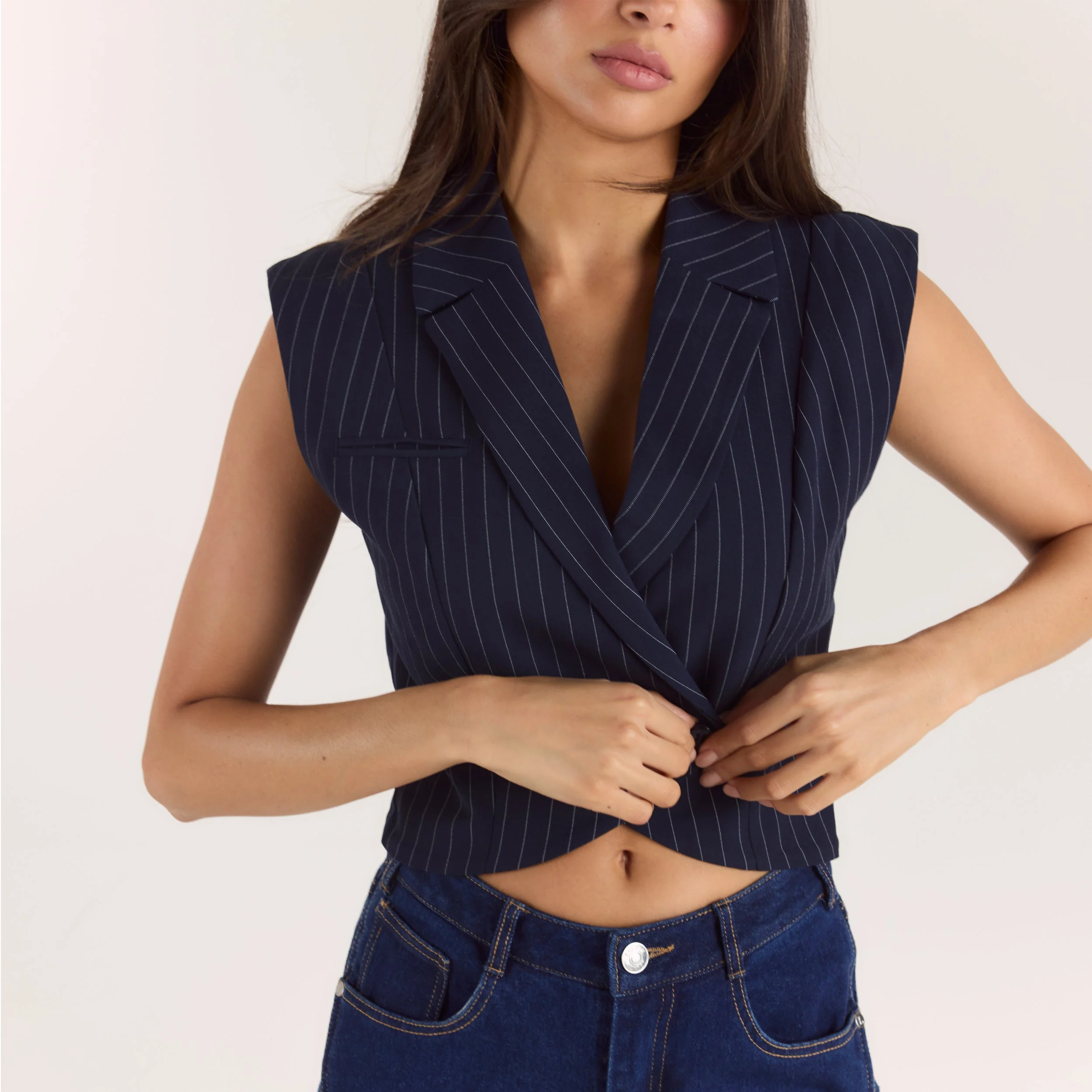 Crossover Waistcoat - Navy Pinstripe - Image 5