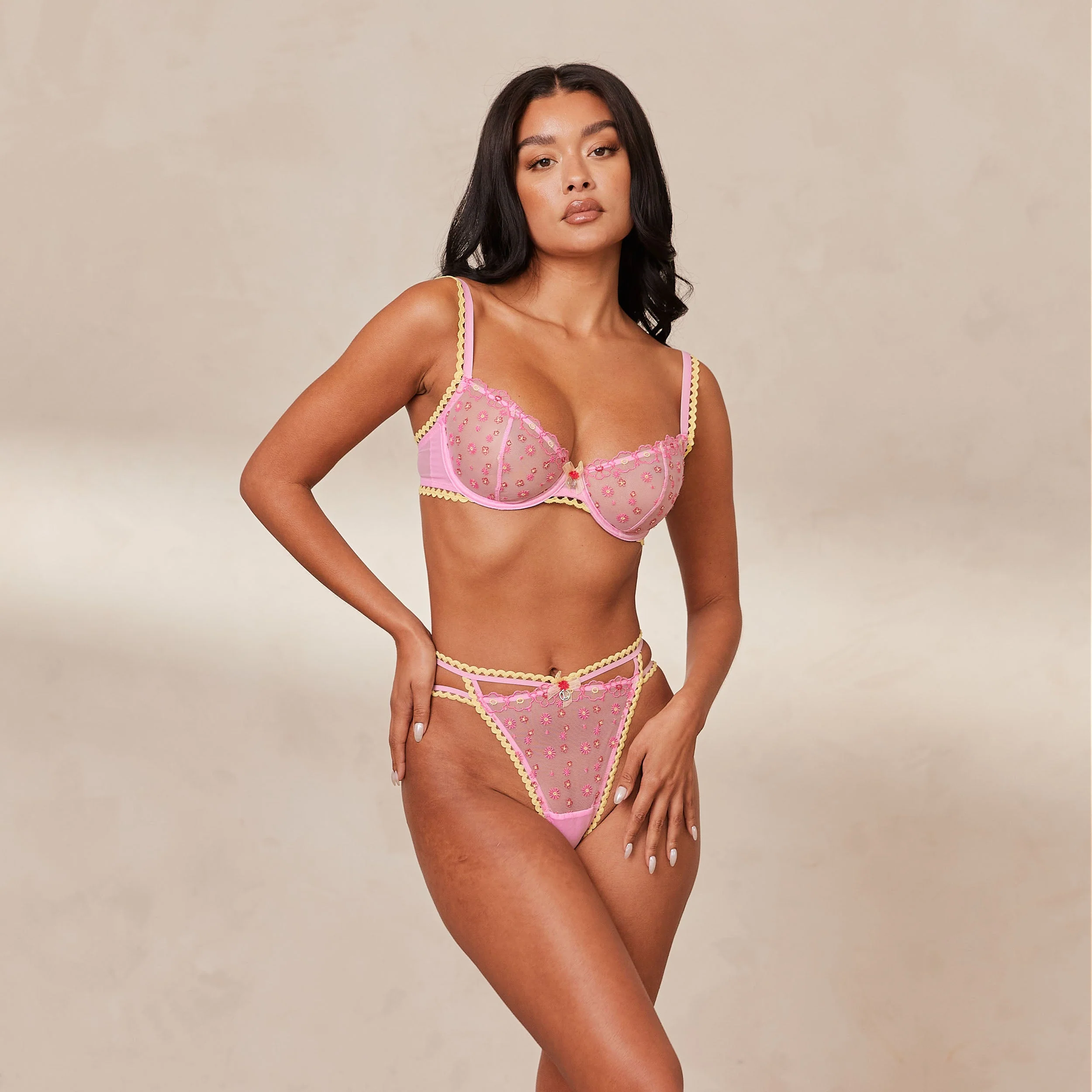 Daisy Embroidered Balcony Bra - Pink - Image 19