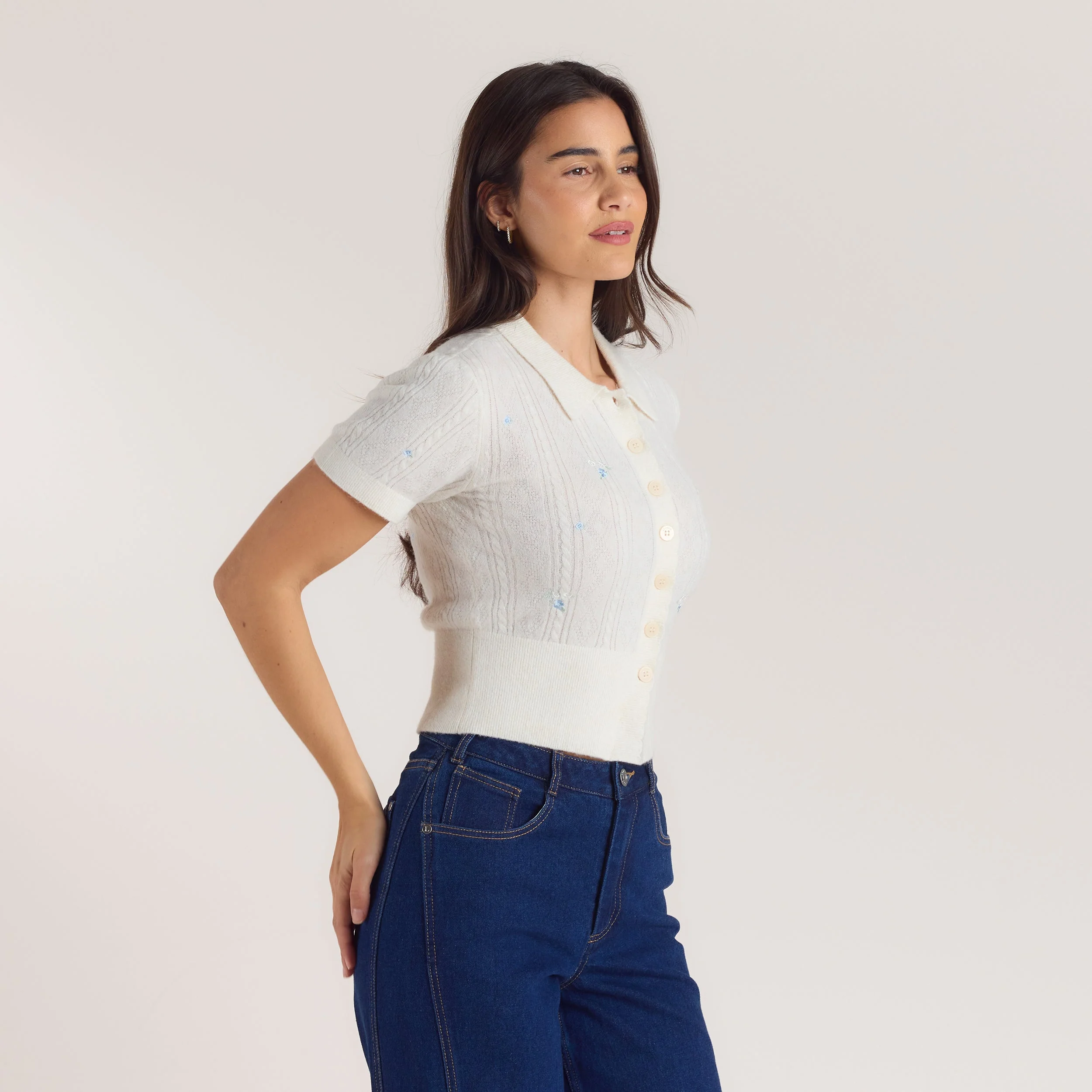 Embroidered Knitted Top - Cream - Image 5