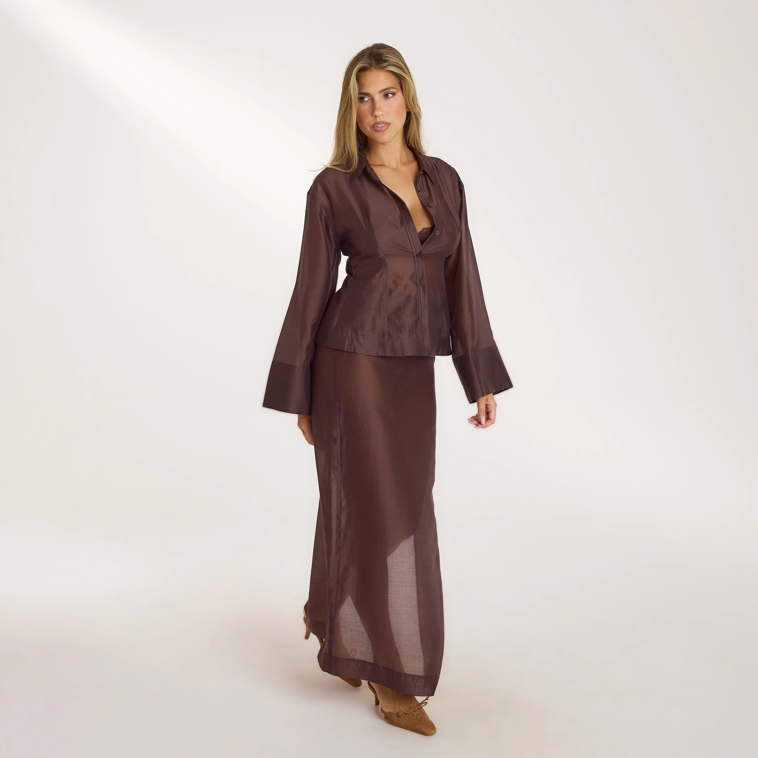 Fitted Sheer Shirt - Chocolate - Image 2