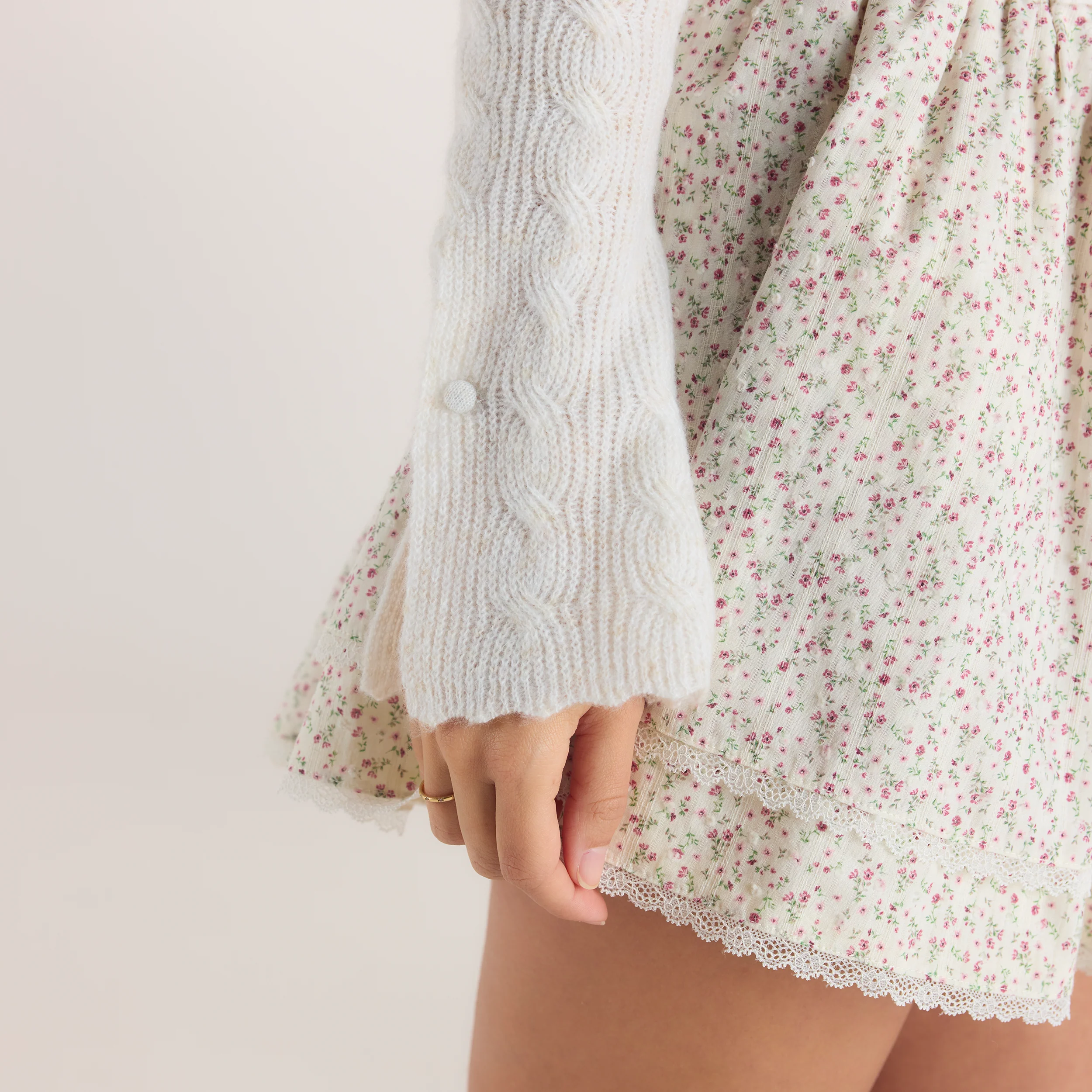 Fluted Sleeve Knitted Cardigan - Cream - Image 4