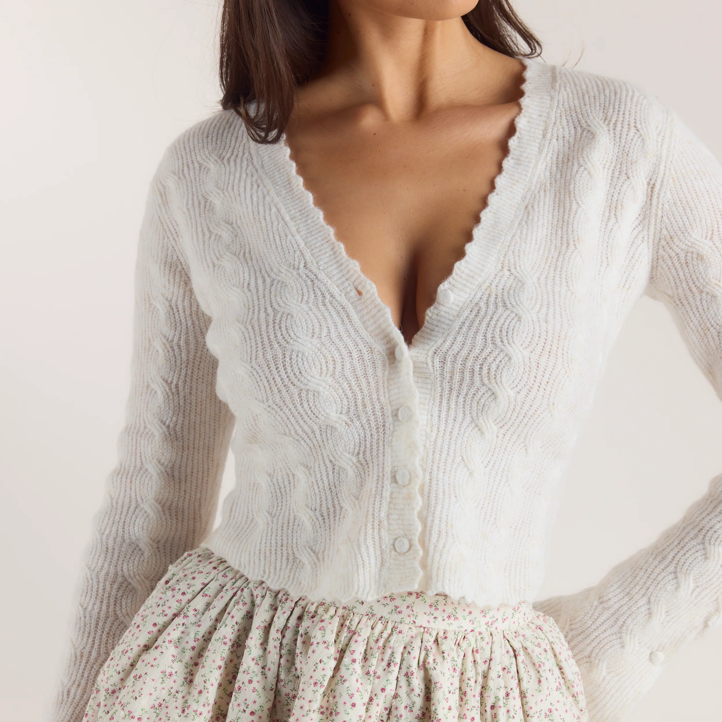 Fluted Sleeve Knitted Cardigan - Cream - Image 5