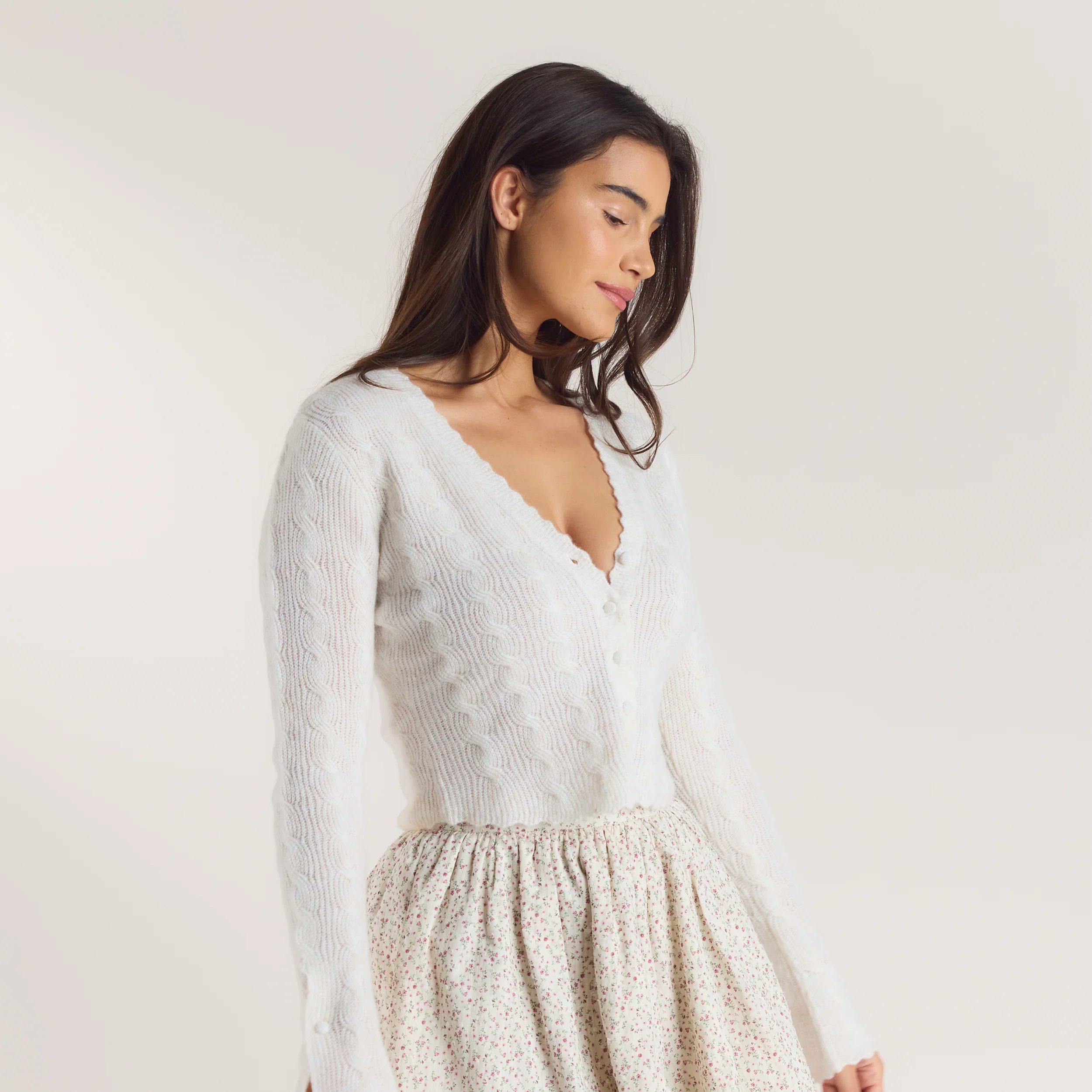 Fluted Sleeve Knitted Cardigan - Cream - Image 6