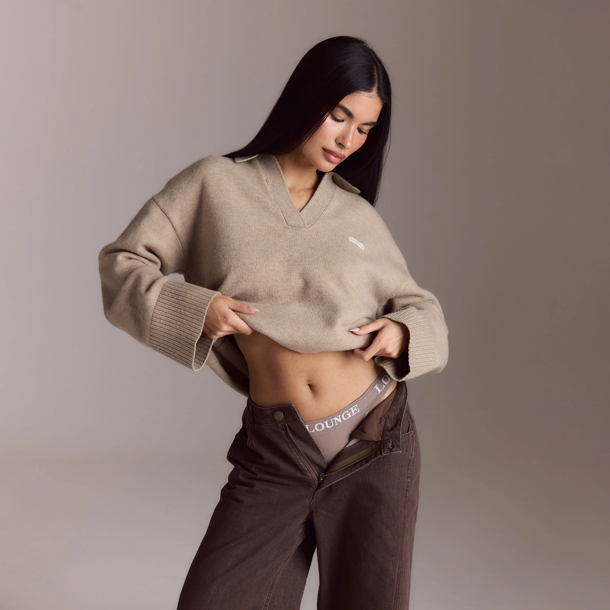 Half Placket Knitted Jumper - Mink - Image 5