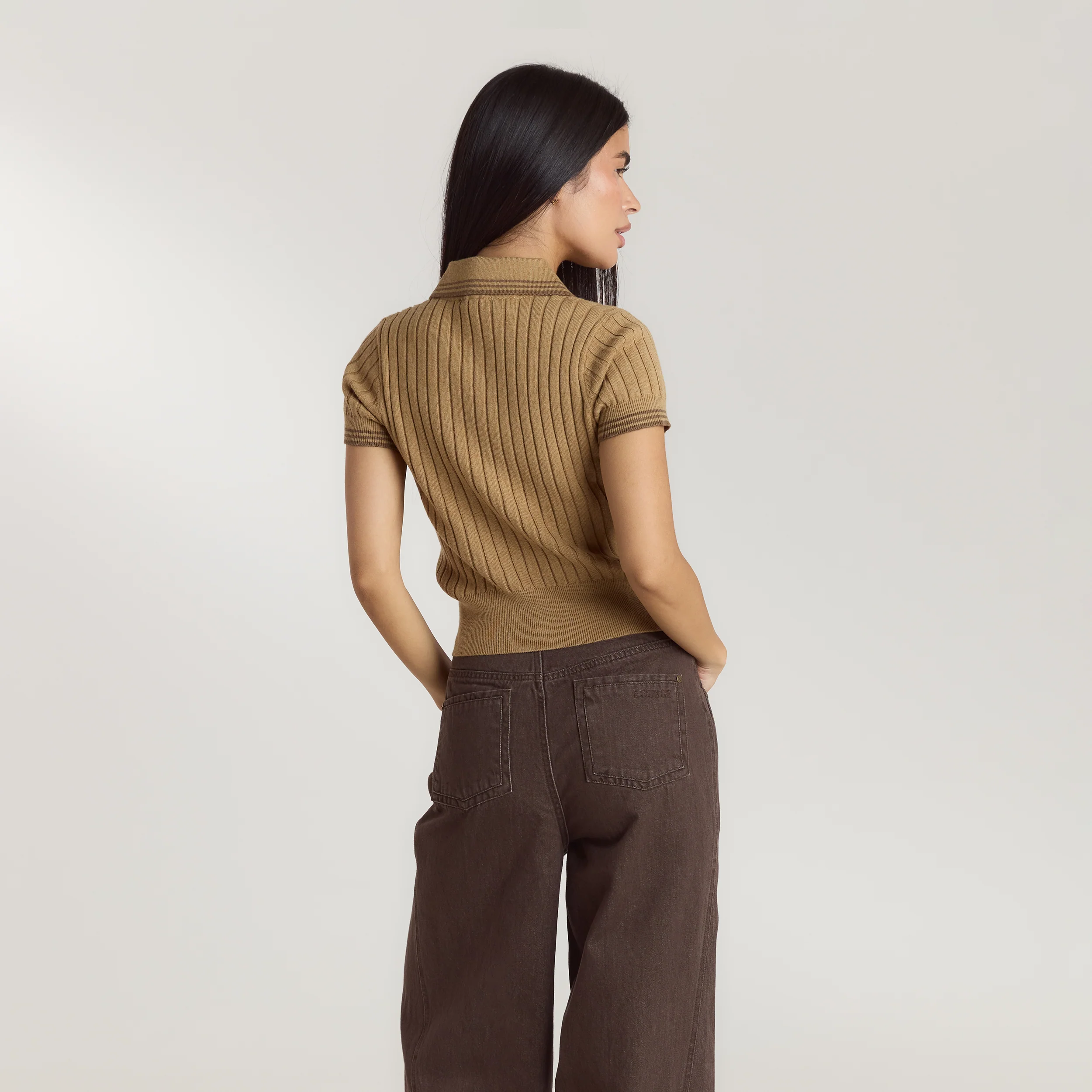 Knitted Polo Top - Tan - Image 2