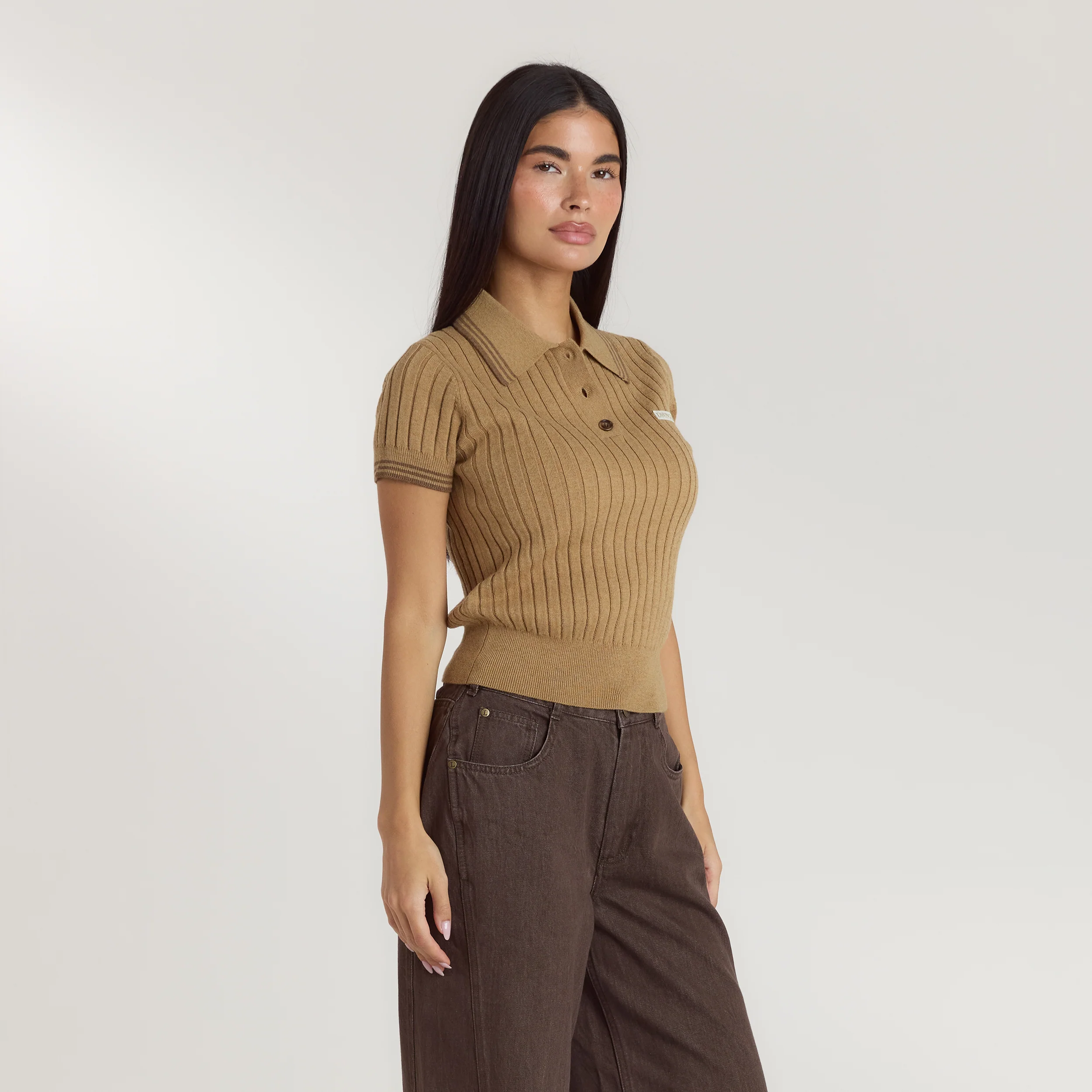 Knitted Polo Top - Tan - Image 5
