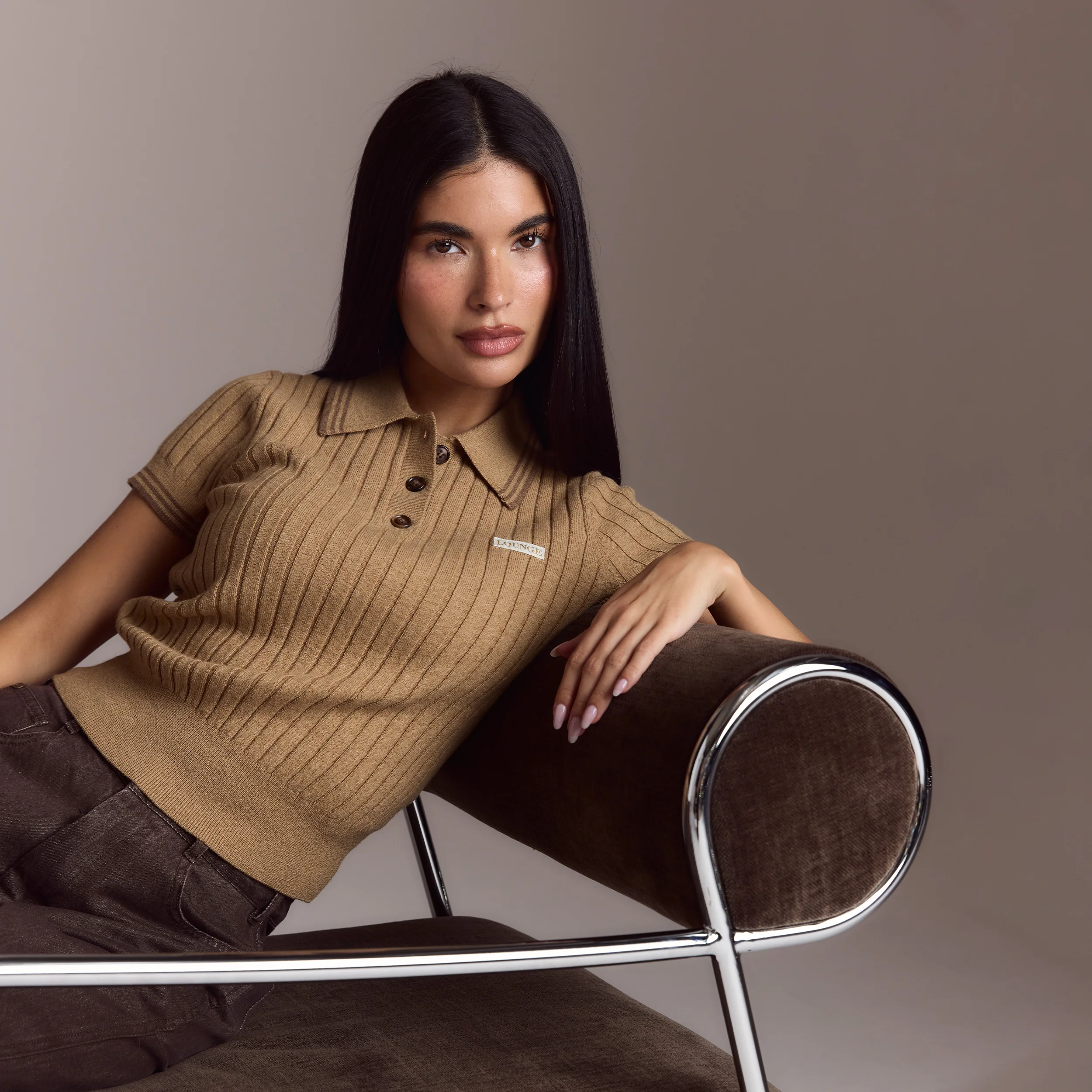Knitted Polo Top - Tan - Image 6
