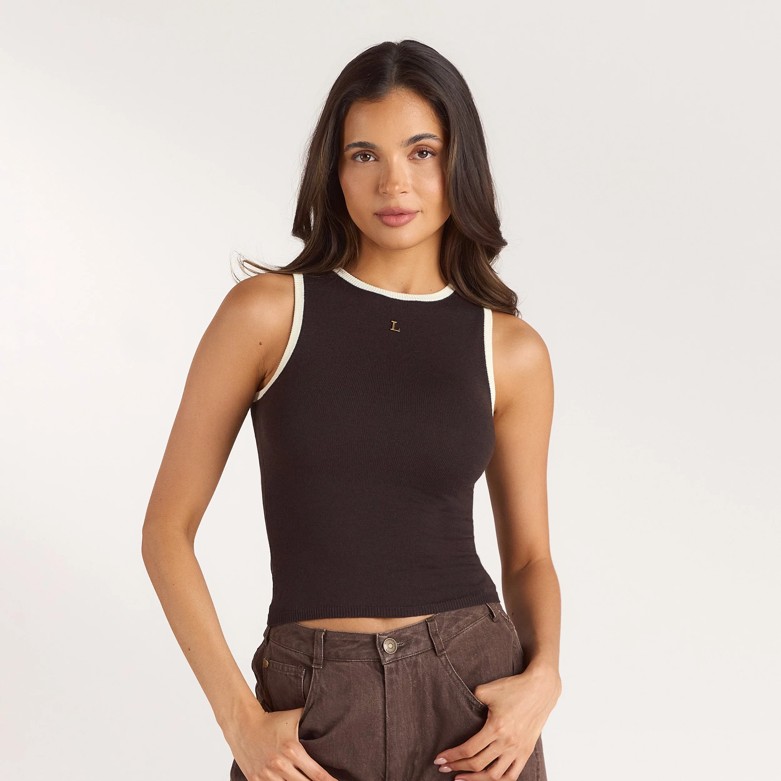 Knitted Vest Top - Chocolate - Image 2