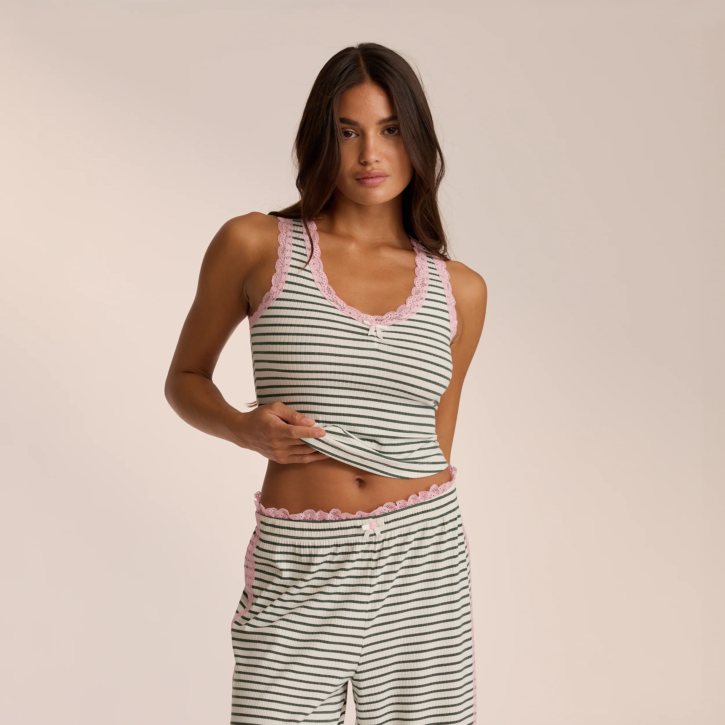 Lace Vest Pajama Top - Green Stripe