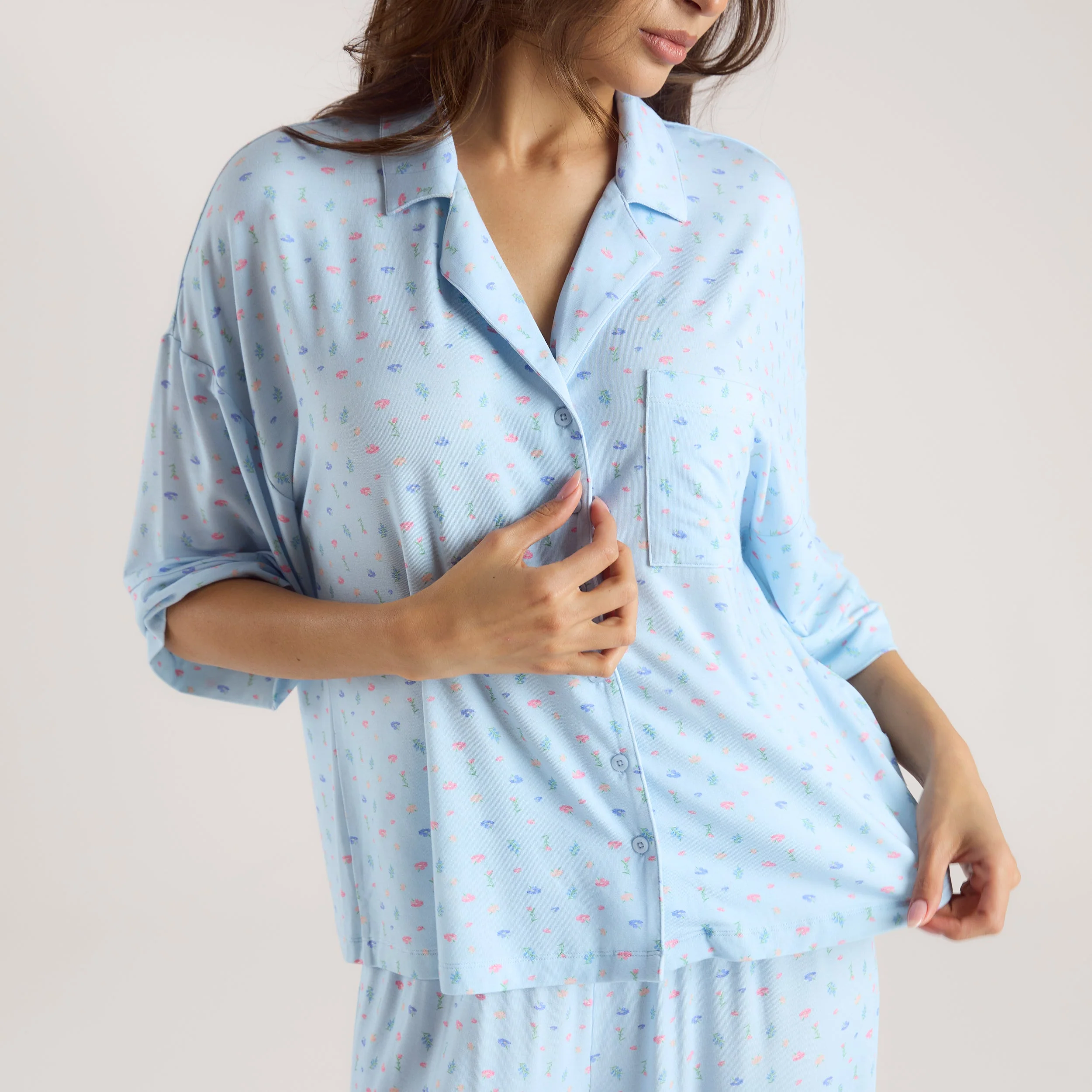 Modal Short Sleeve Pajama Shirt - Blue Floral - Image 3