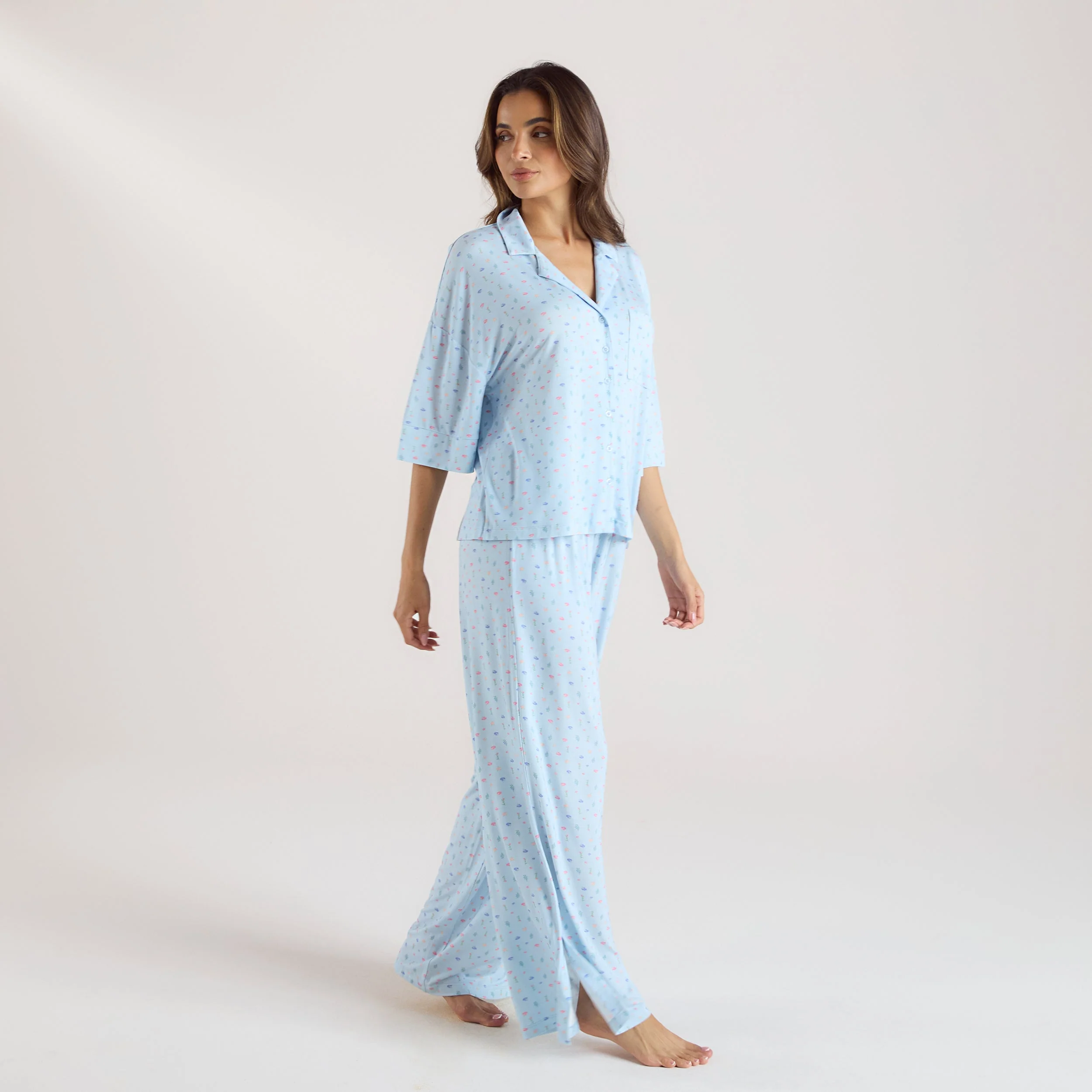 Modal Short Sleeve Pajama Shirt - Blue Floral - Image 4