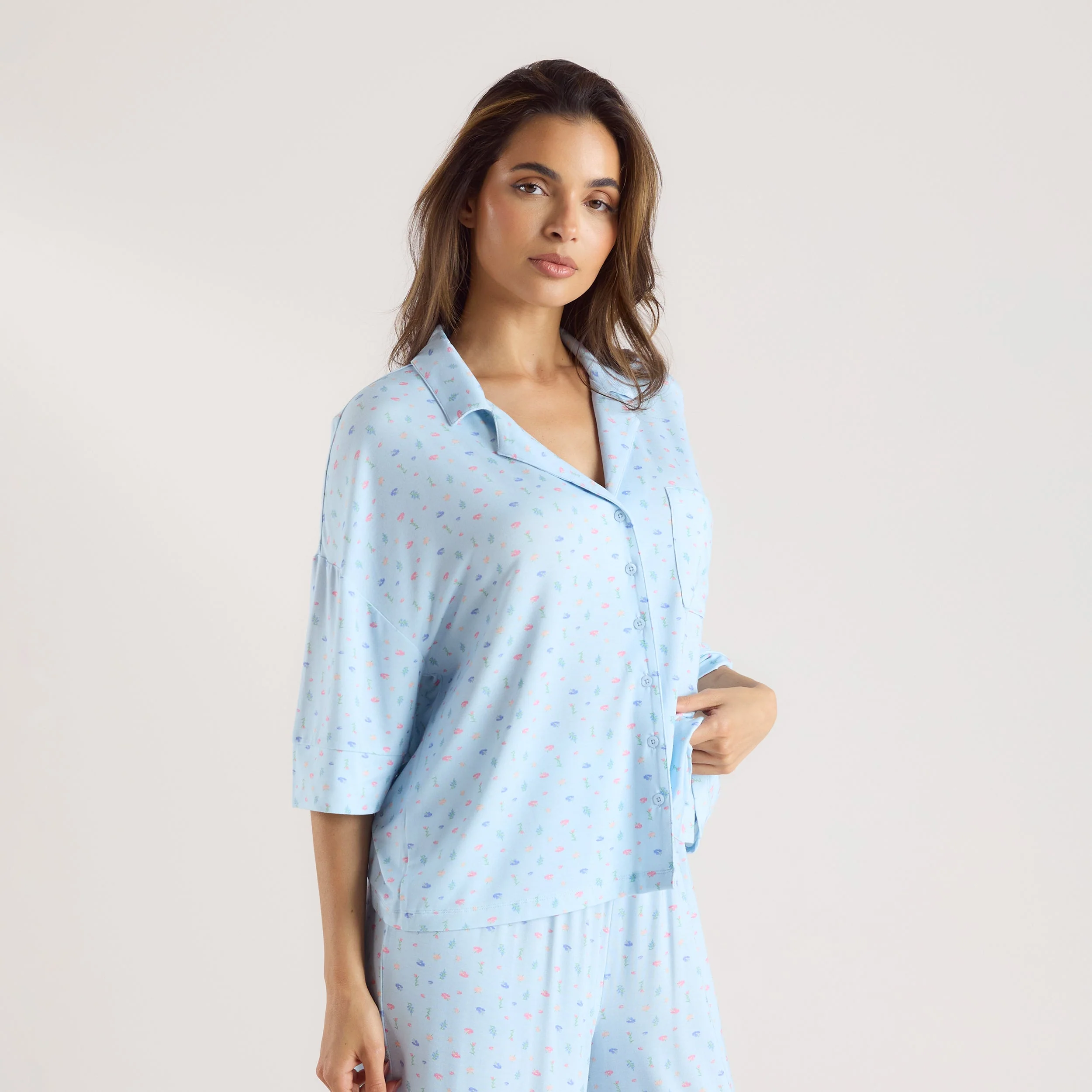 Modal Short Sleeve Pajama Shirt - Blue Floral - Image 6