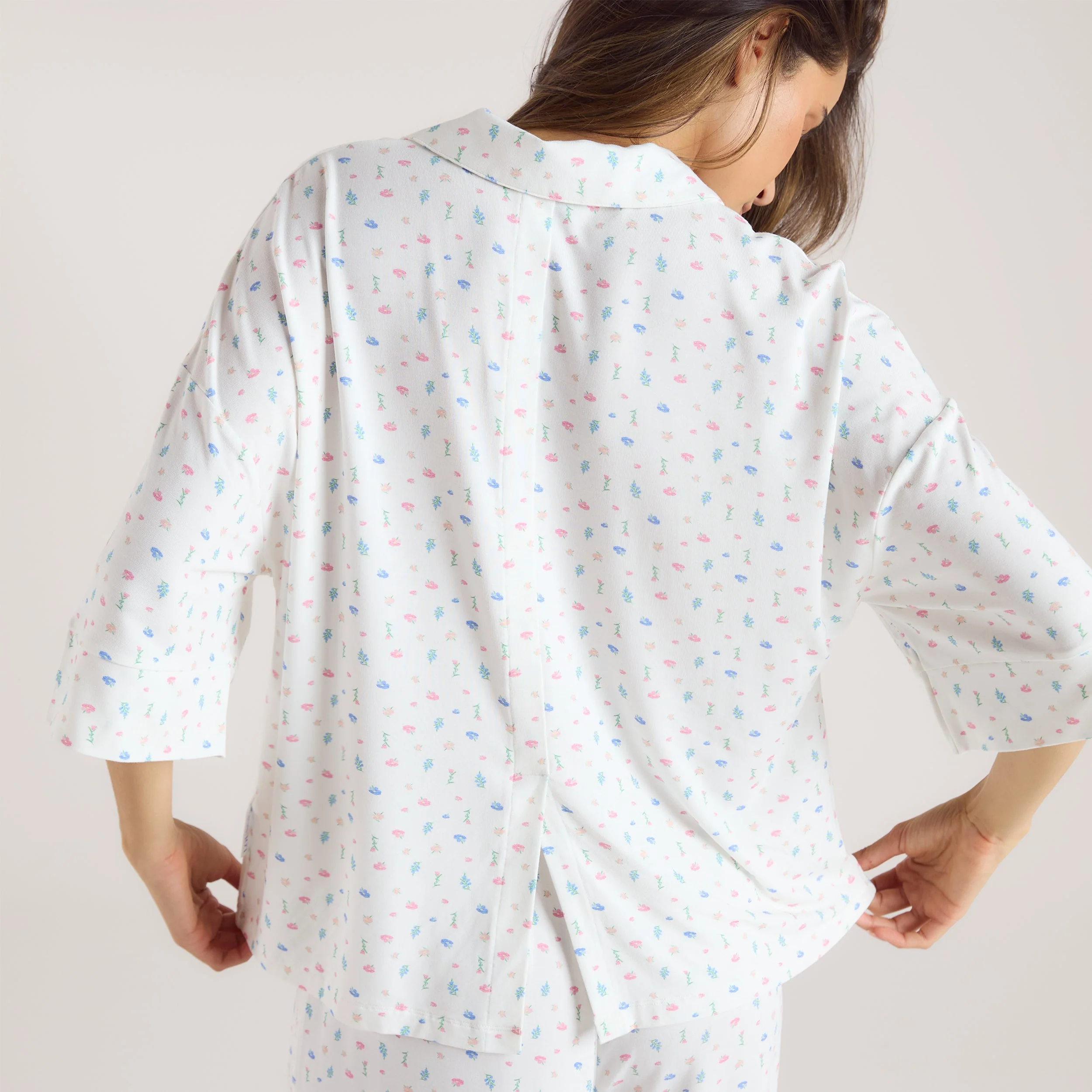 Modal Short Sleeve Pajama Shirt - White Floral - Image 3