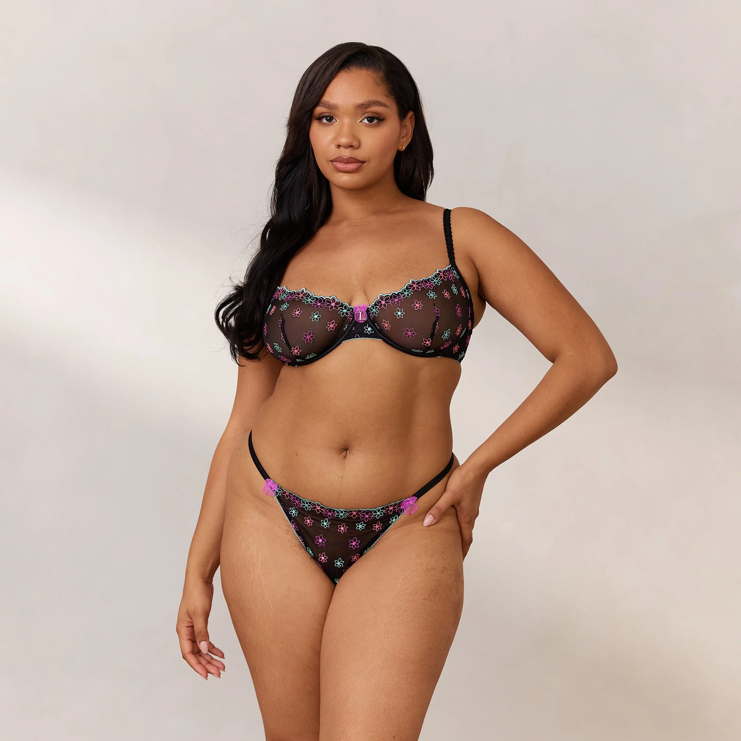 Neon Balcony Bra - Black & Aqua Blue - Image 7