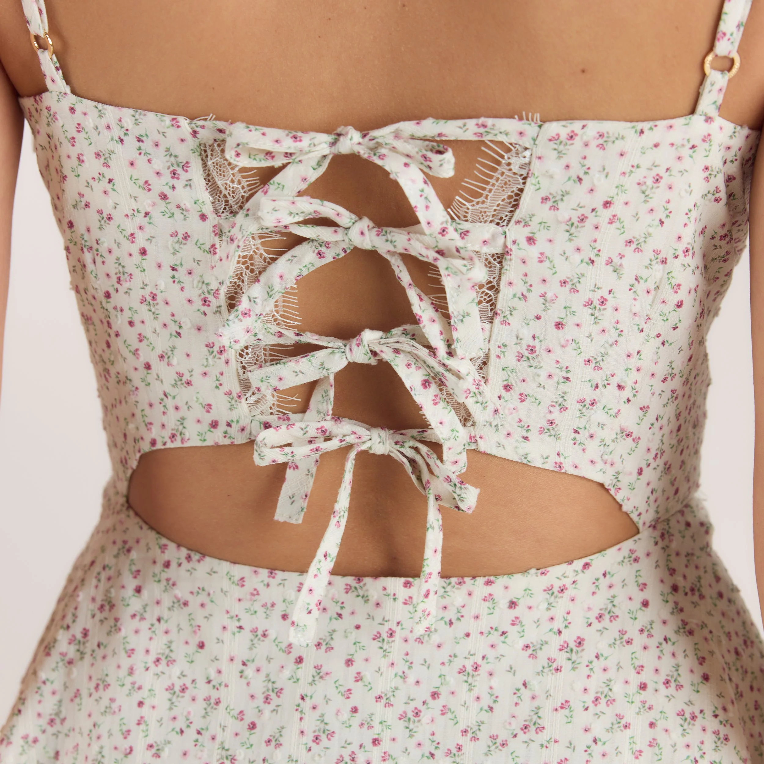 Pleat & Lace Detail Mini Dress - Cream Floral - Image 6