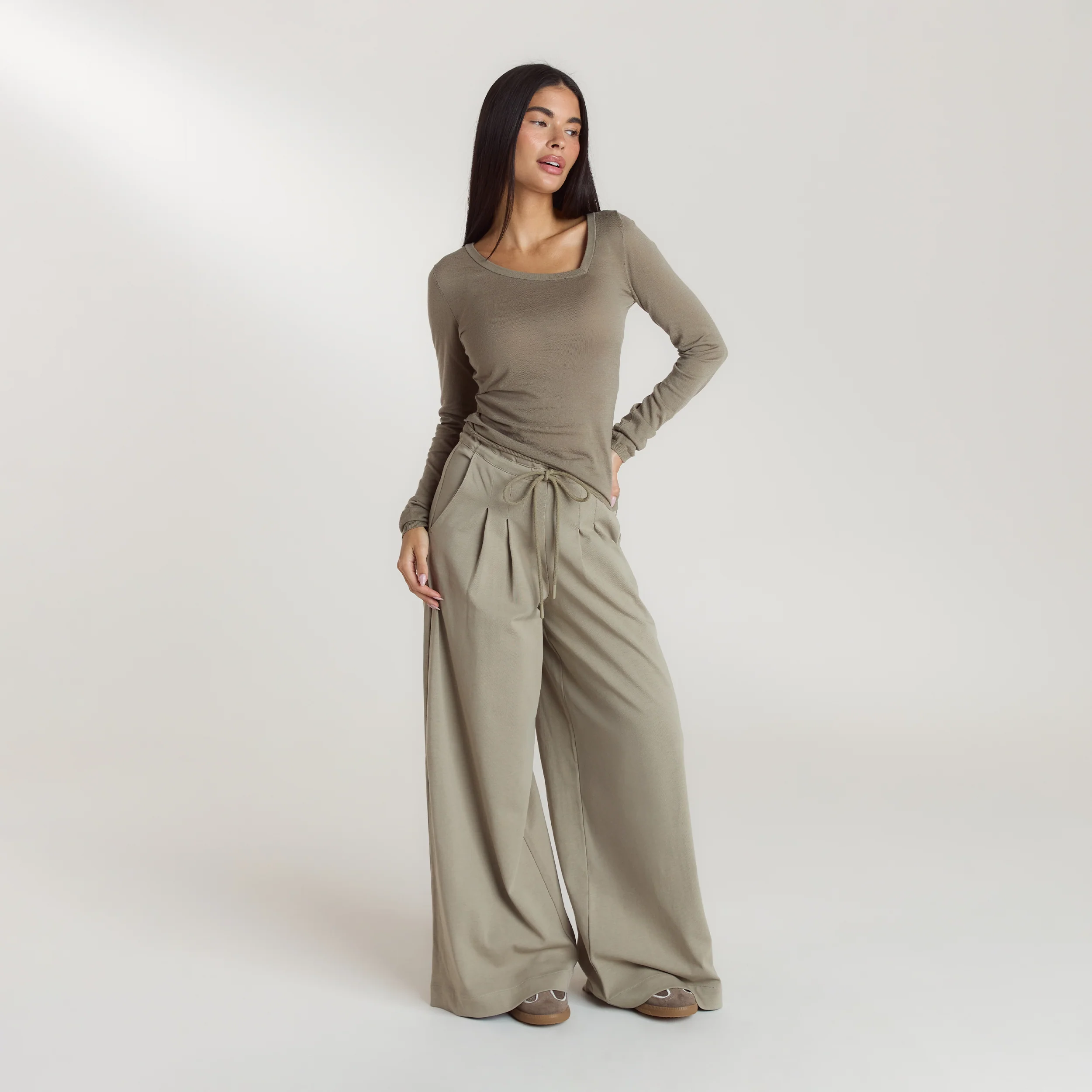 Pleated Wide Leg Trousers - Thyme - Image 4