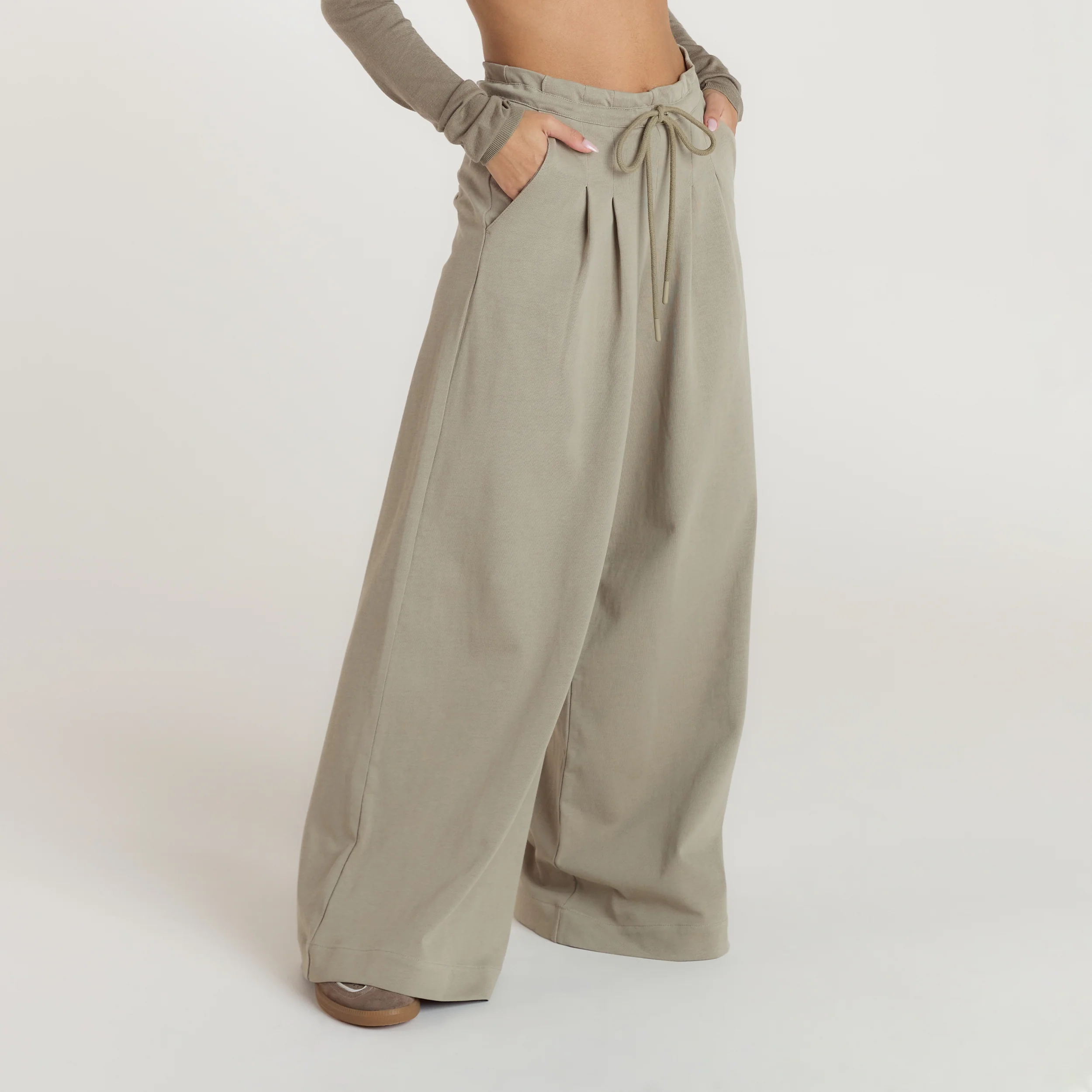 Pleated Wide Leg Trousers - Thyme - Image 5
