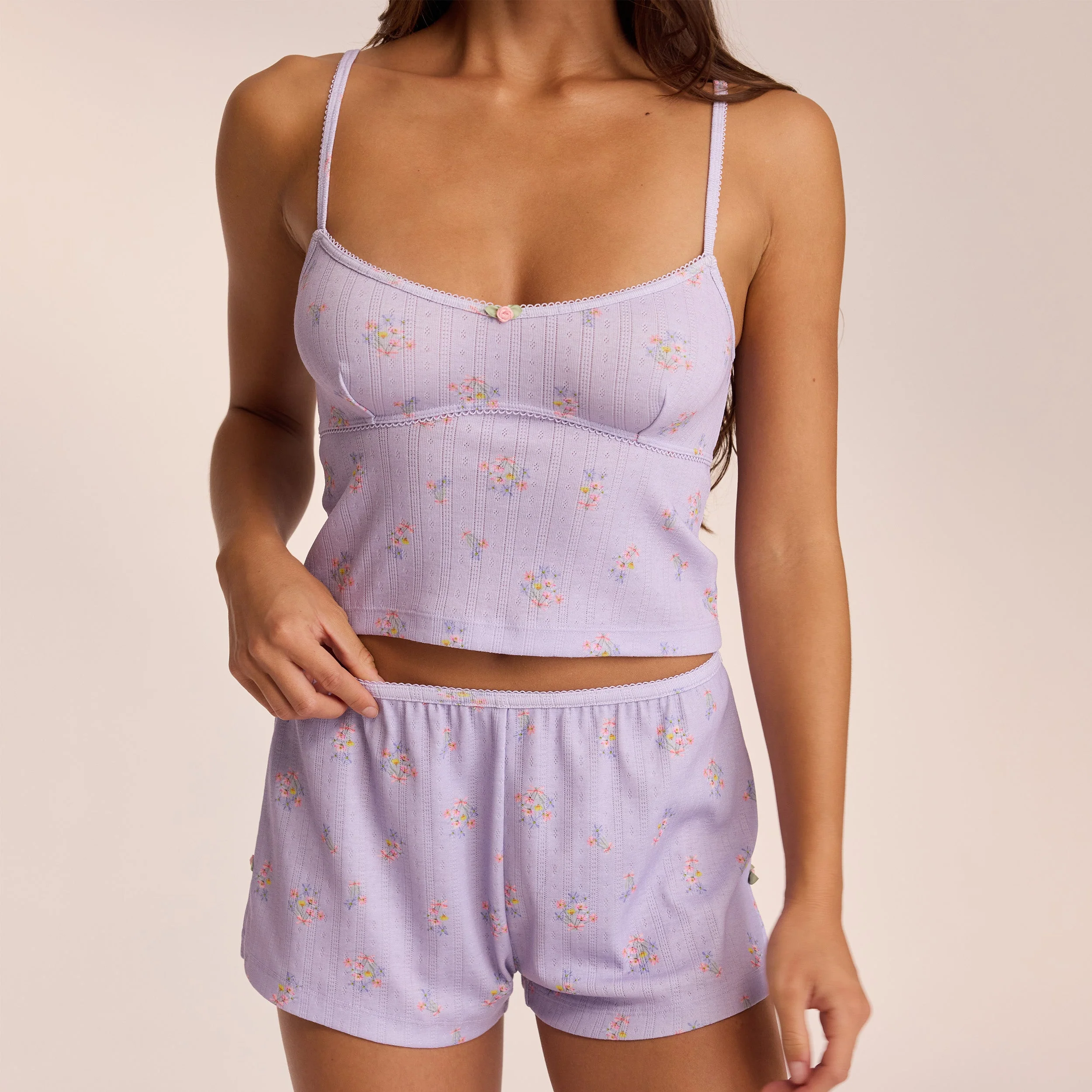 Pointelle Cami Pajama Top - Lilac Floral - Image 5