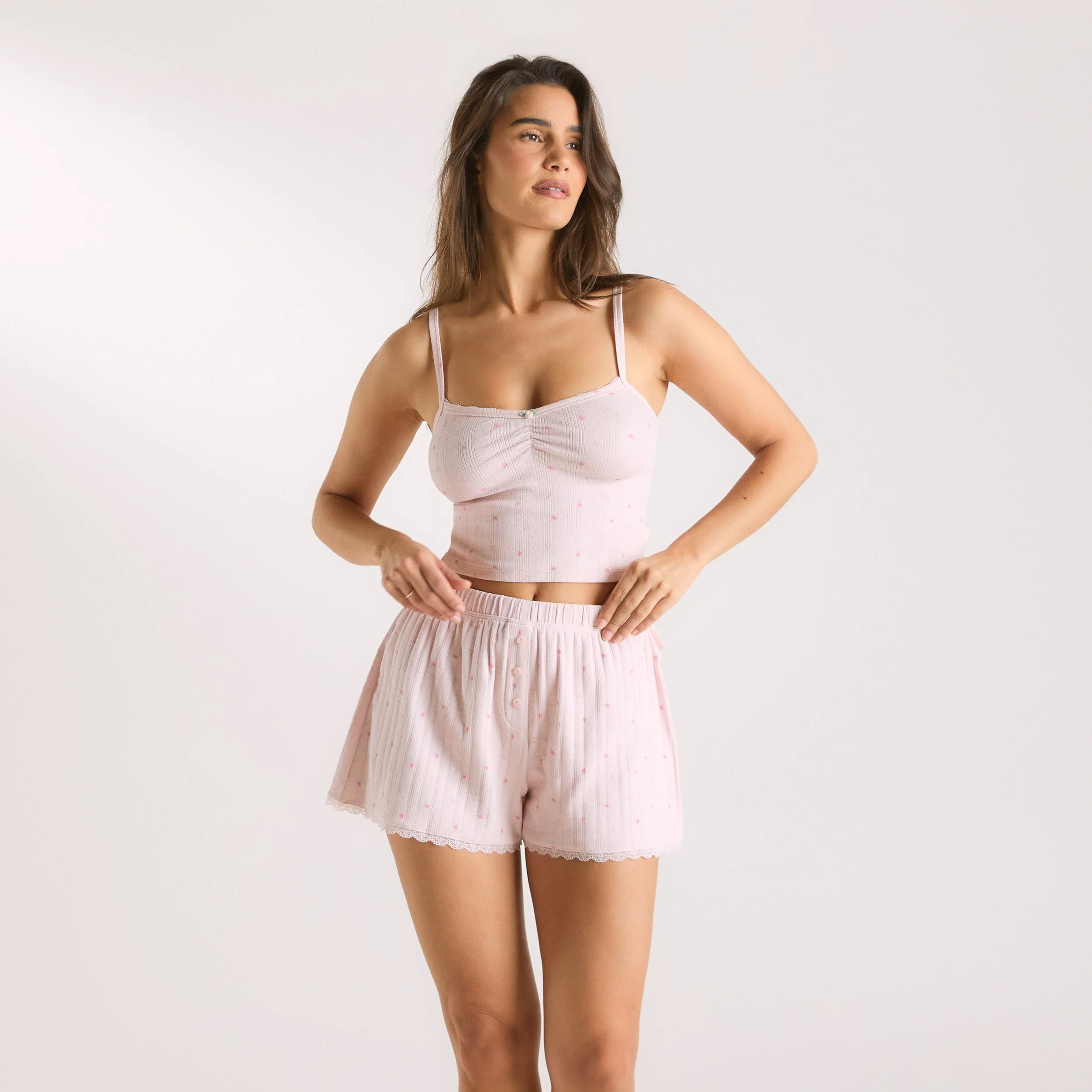 Pointelle Cami Pajama Top - Pink Floral - Image 3