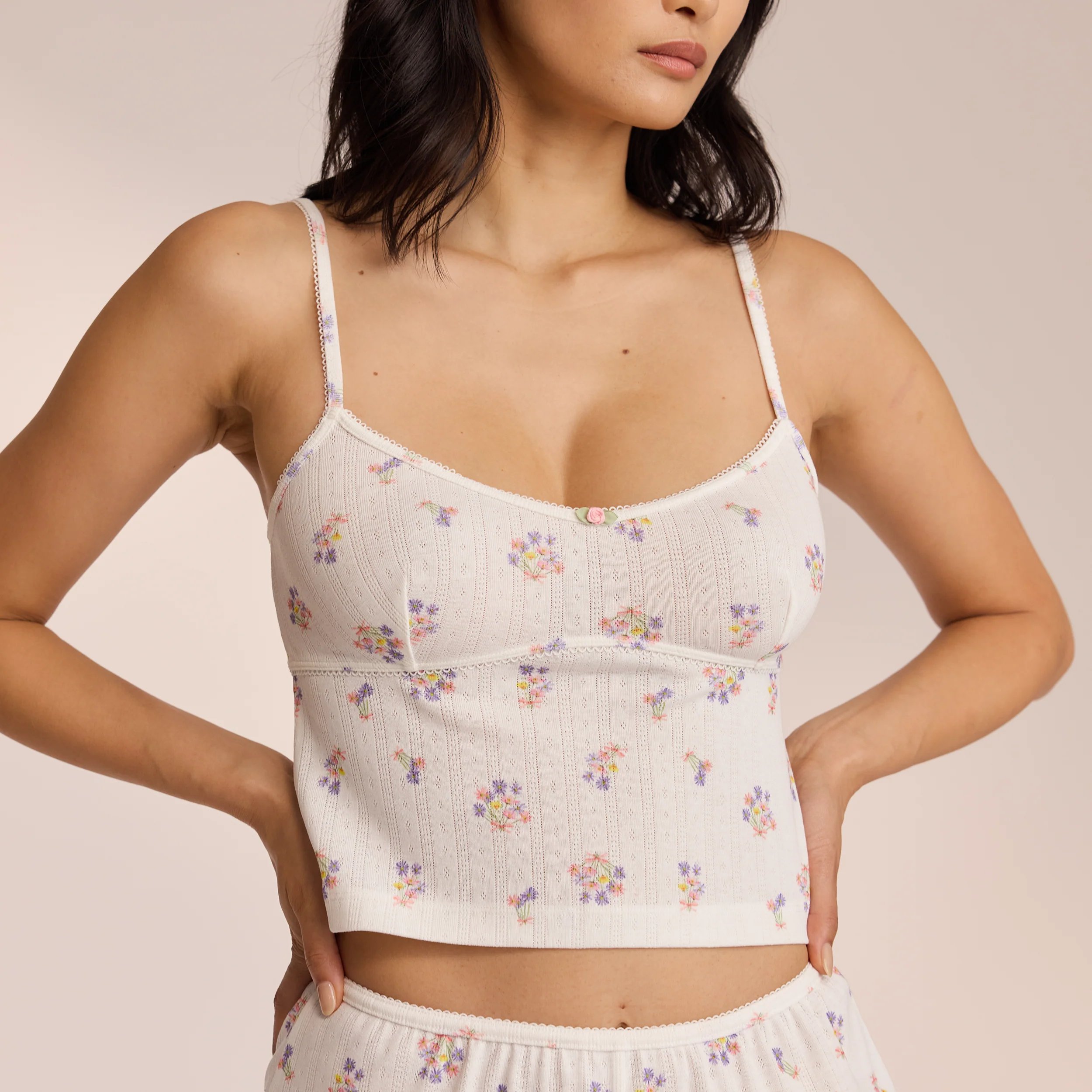 Pointelle Cami Pajama Top - White Floral - Image 3