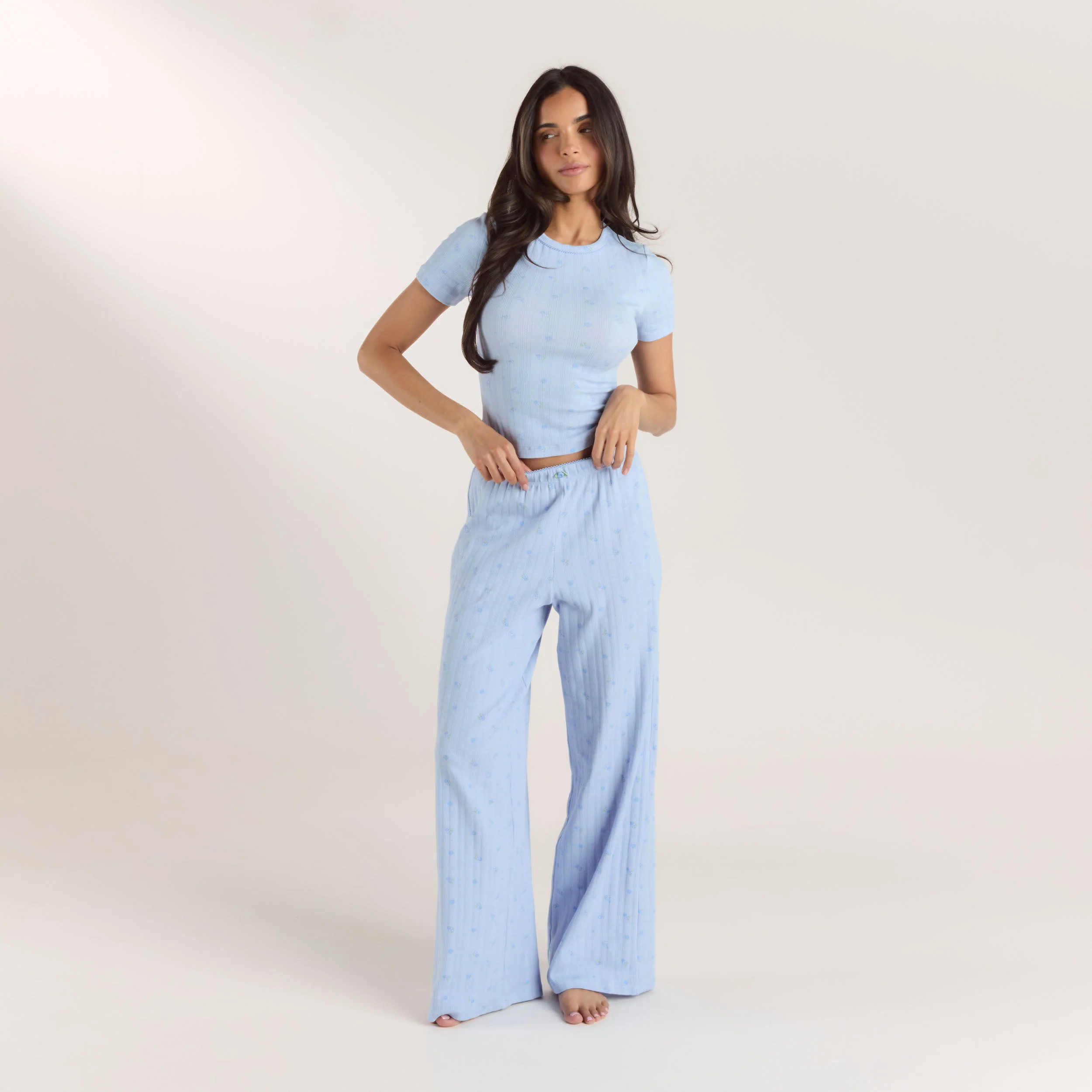 Pointelle Fitted Pajama Top - Blue Floral - Image 3