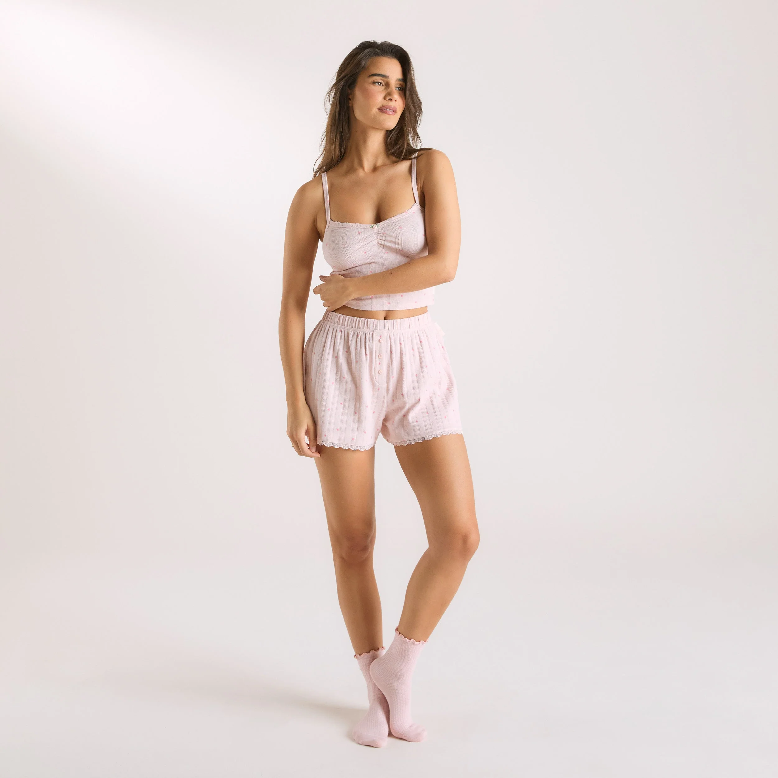 Pointelle Pajama Shorts - Pink Floral - Image 3
