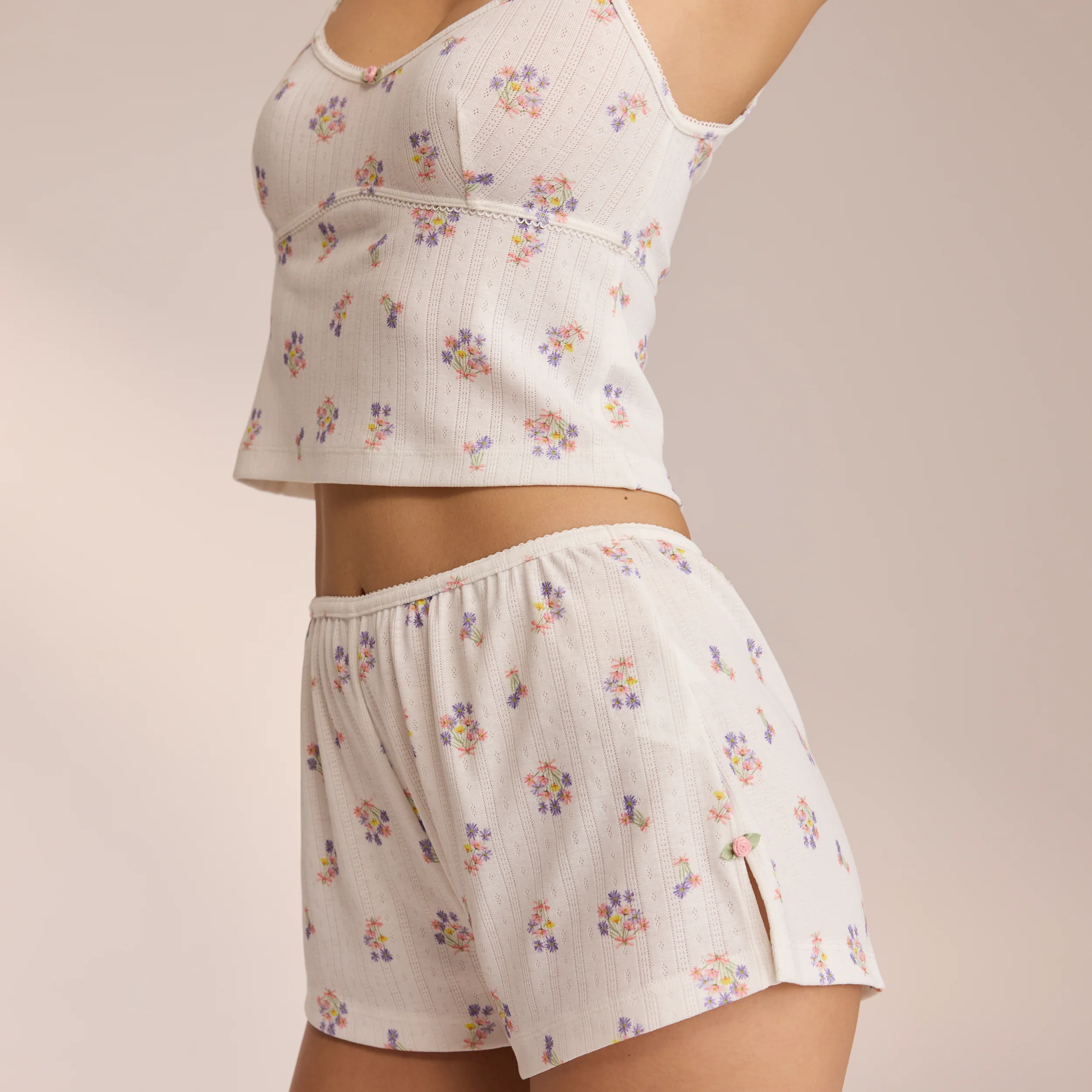 Pointelle Pajama Shorts - White Floral - Image 3