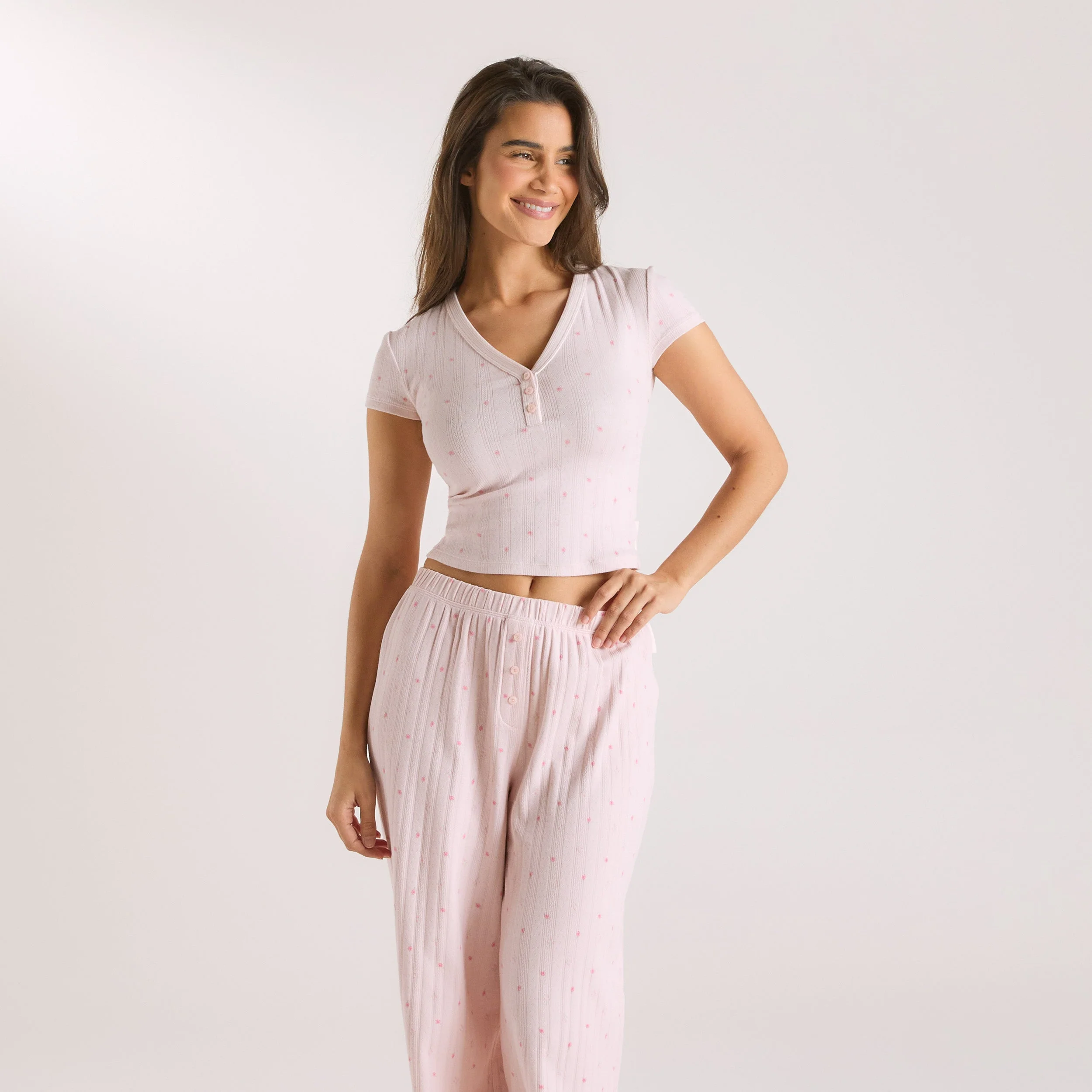 Pointelle Pajama Top - Pink Floral - Image 2