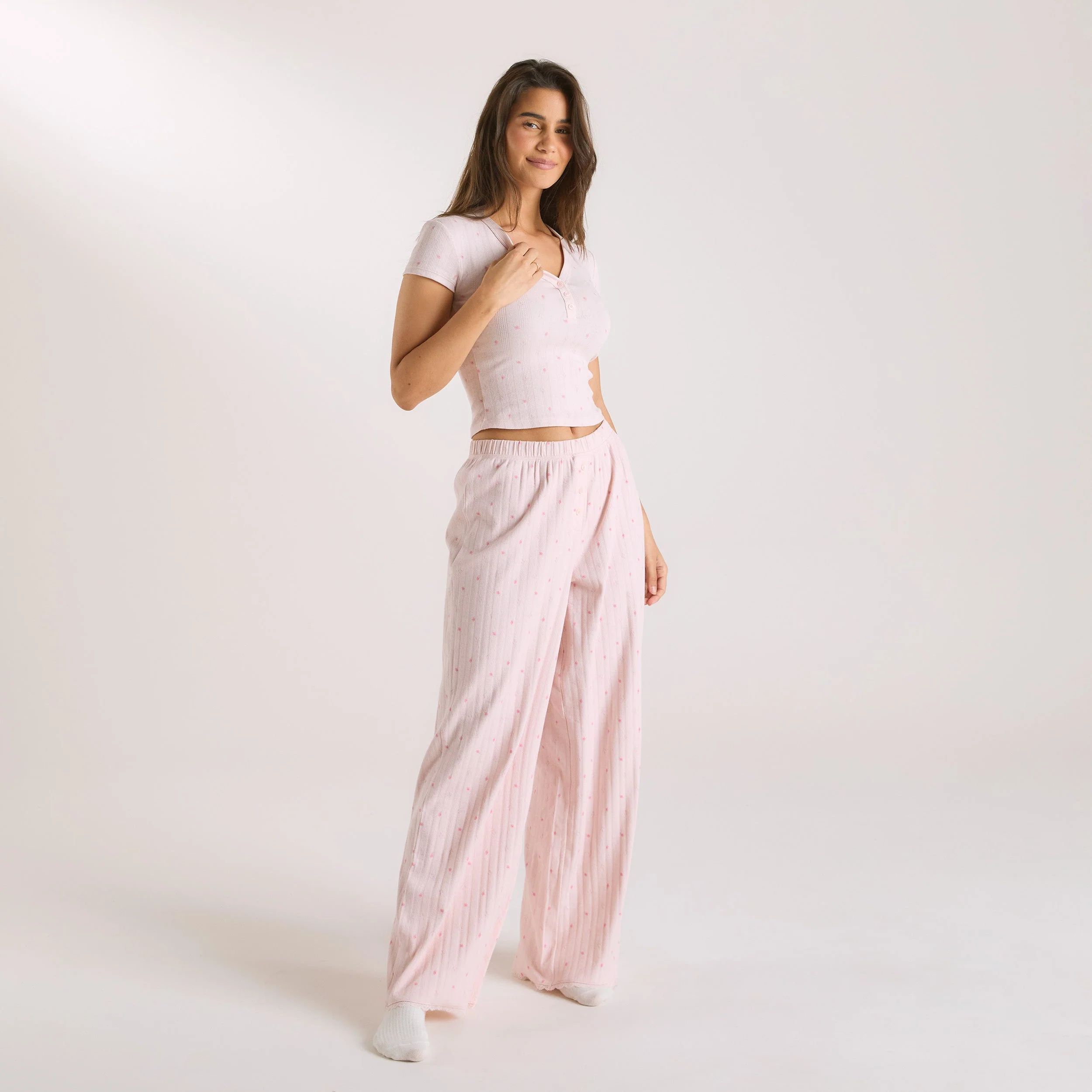 Pointelle Pajama Top - Pink Floral - Image 4