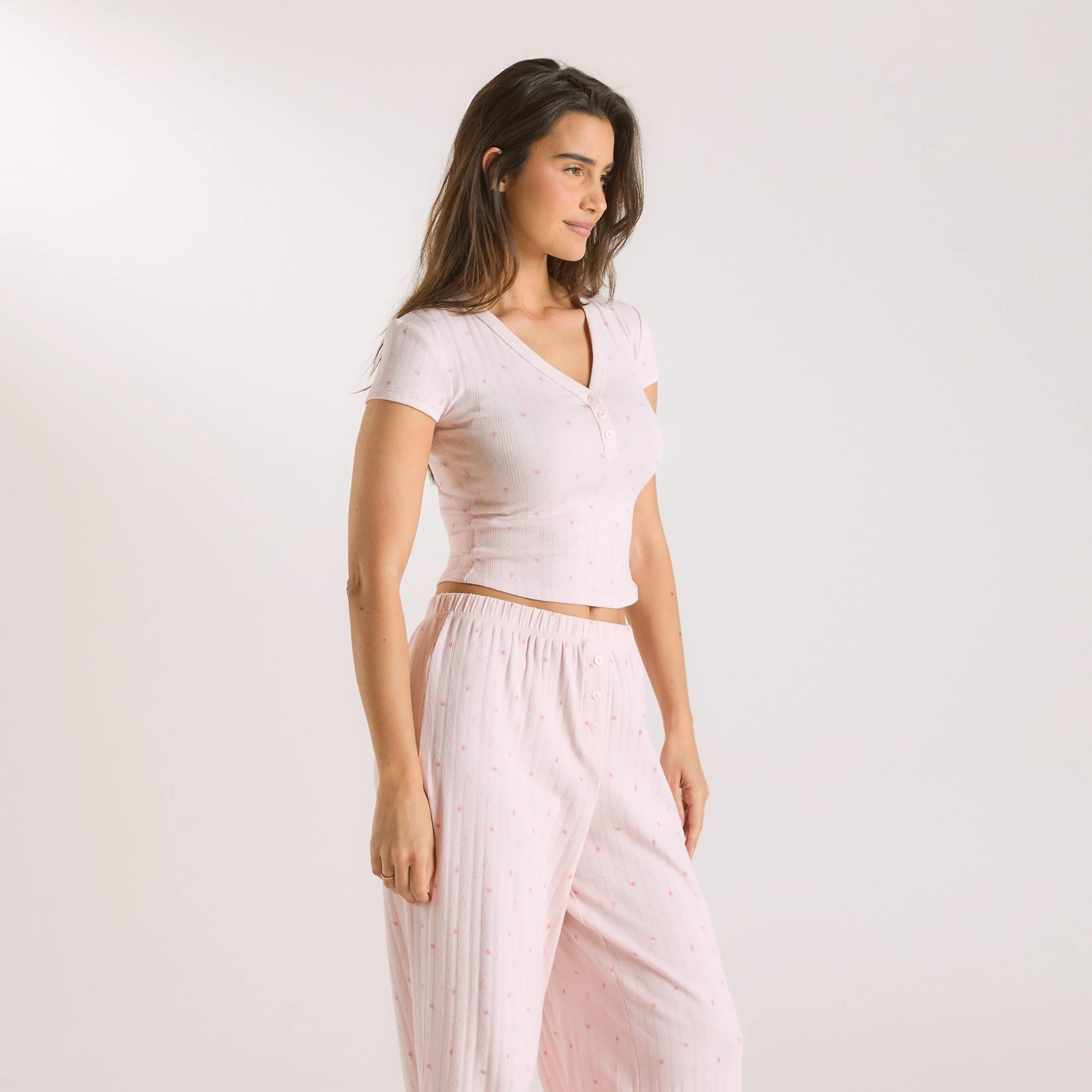 Pointelle Pajama Top - Pink Floral - Image 6