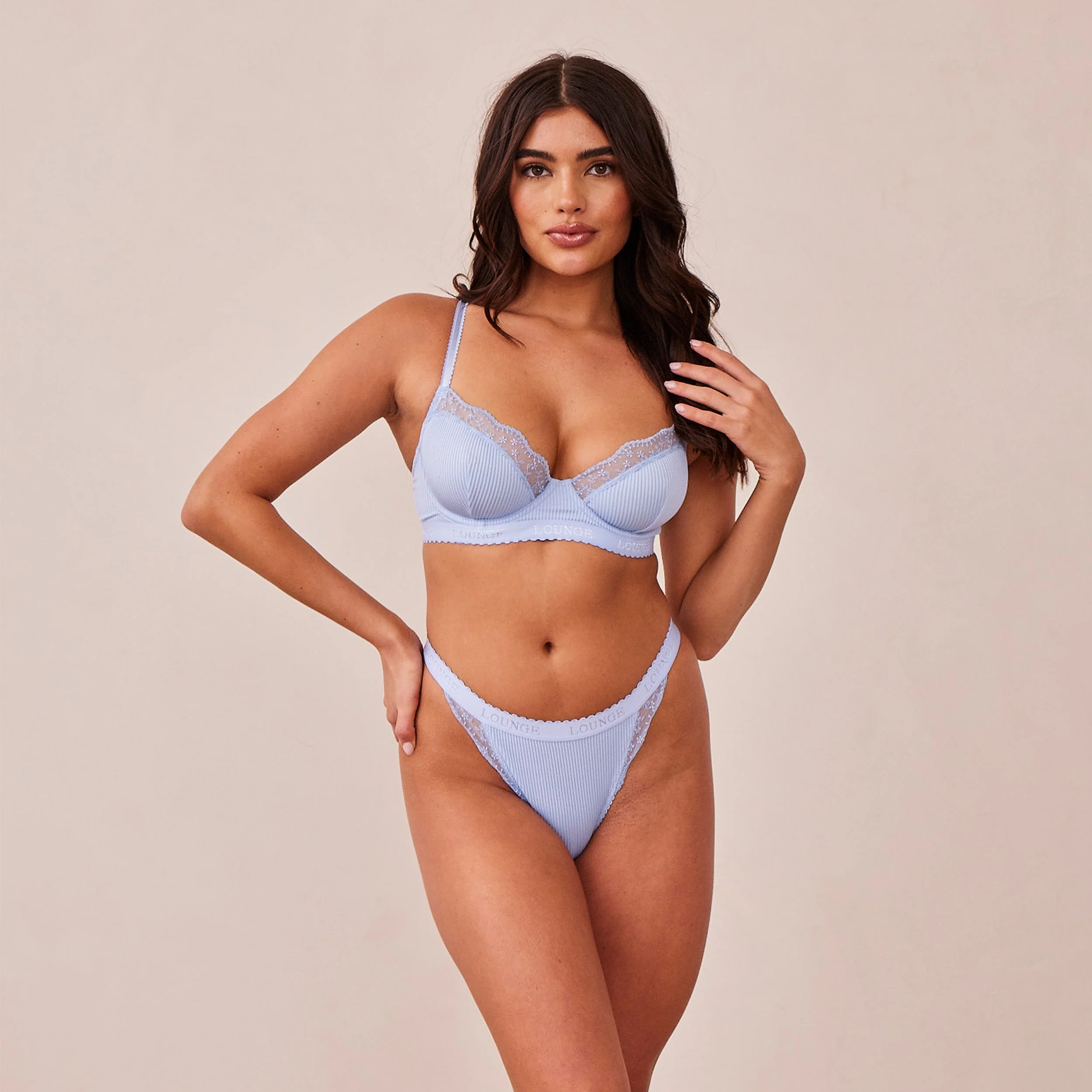 Ribbed Balcony Bra  - Blue - Image 15