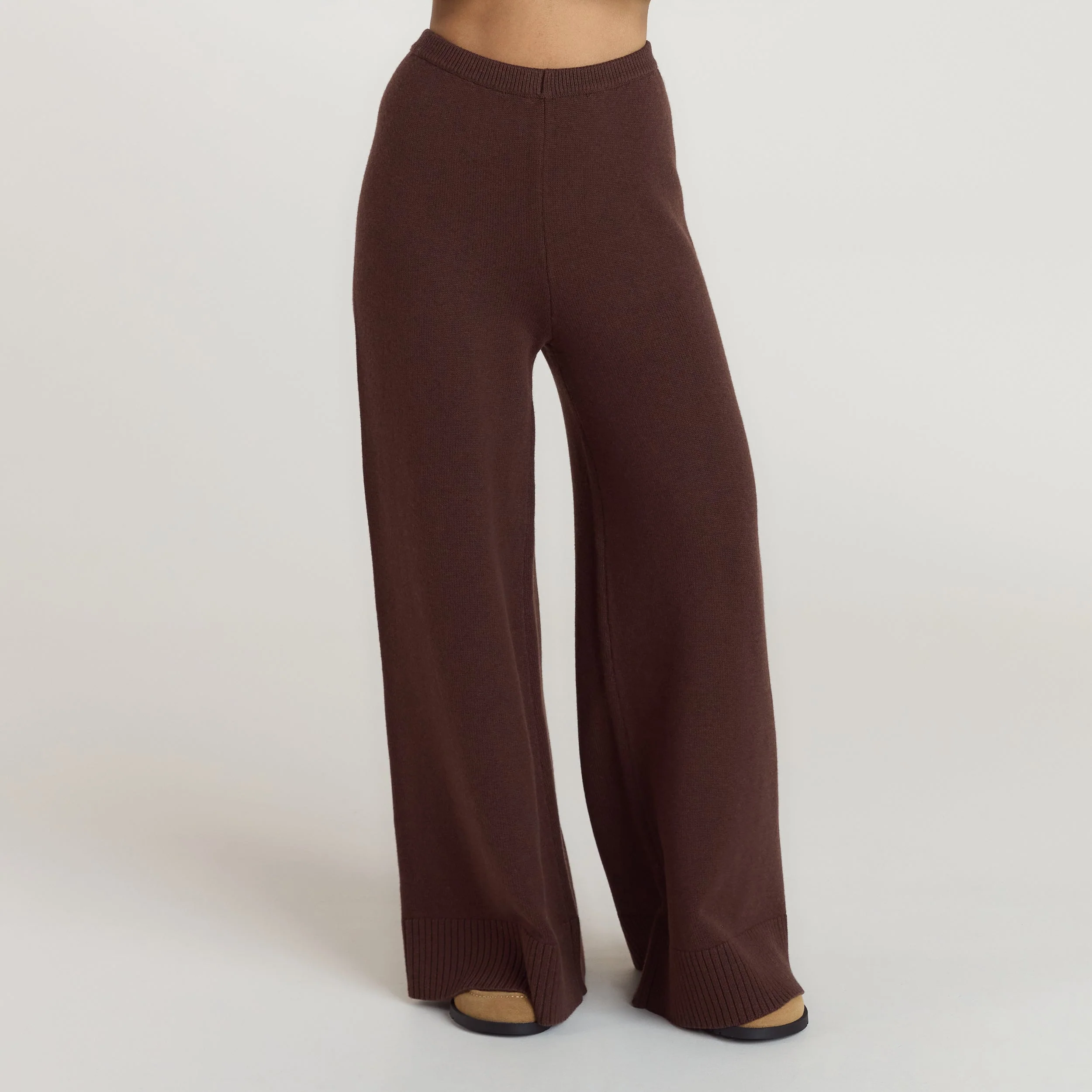 Ribbed Hem Knitted Trousers - Chocolate - Image 3