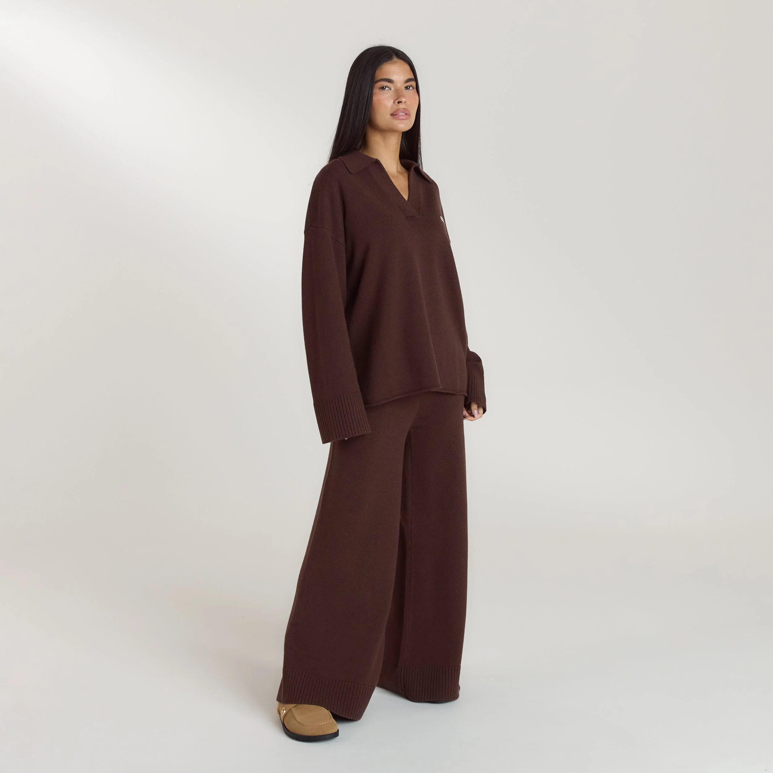 Ribbed Hem Knitted Trousers - Chocolate - Image 5
