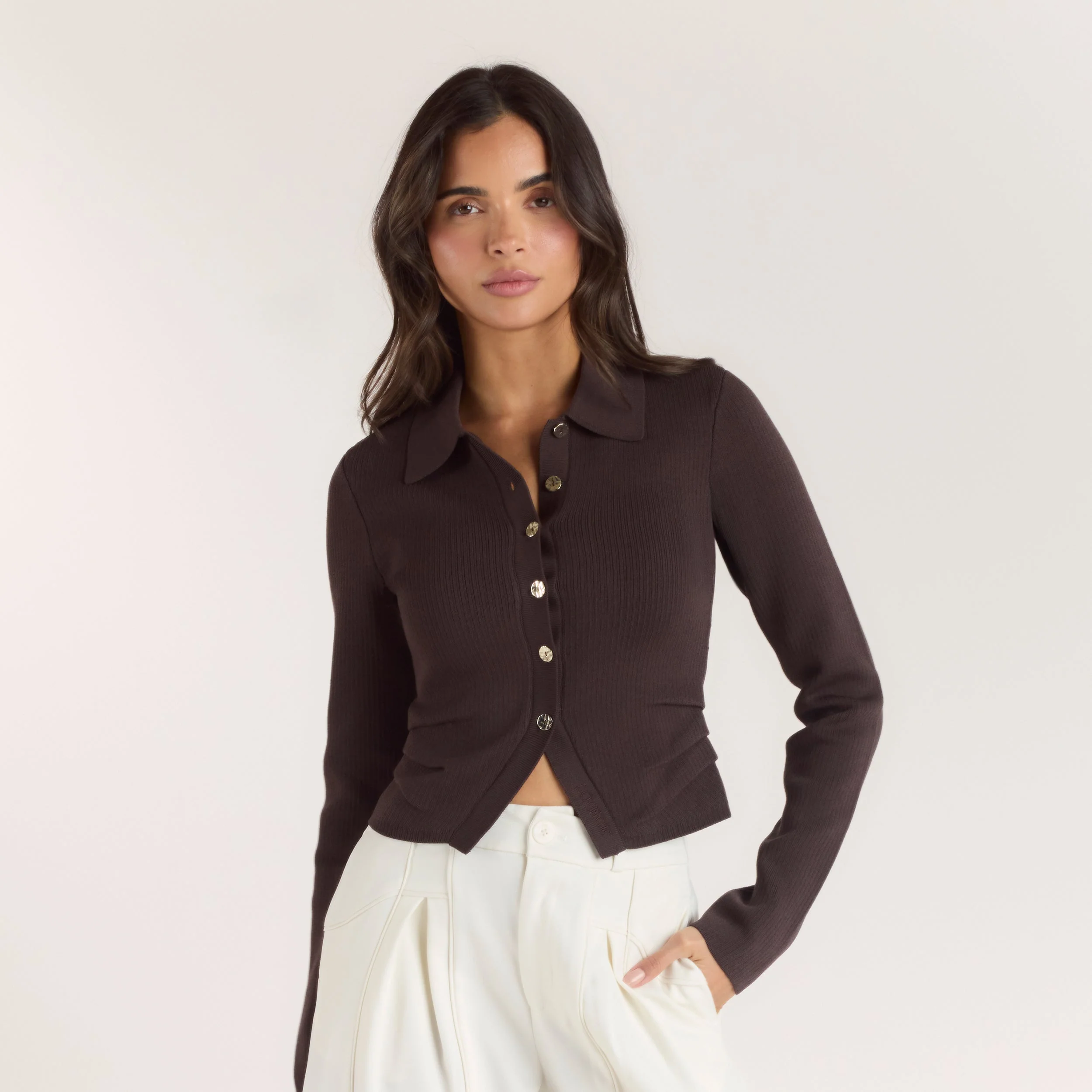 Ribbed Knitted Cardigan - Chocolate - Image 3