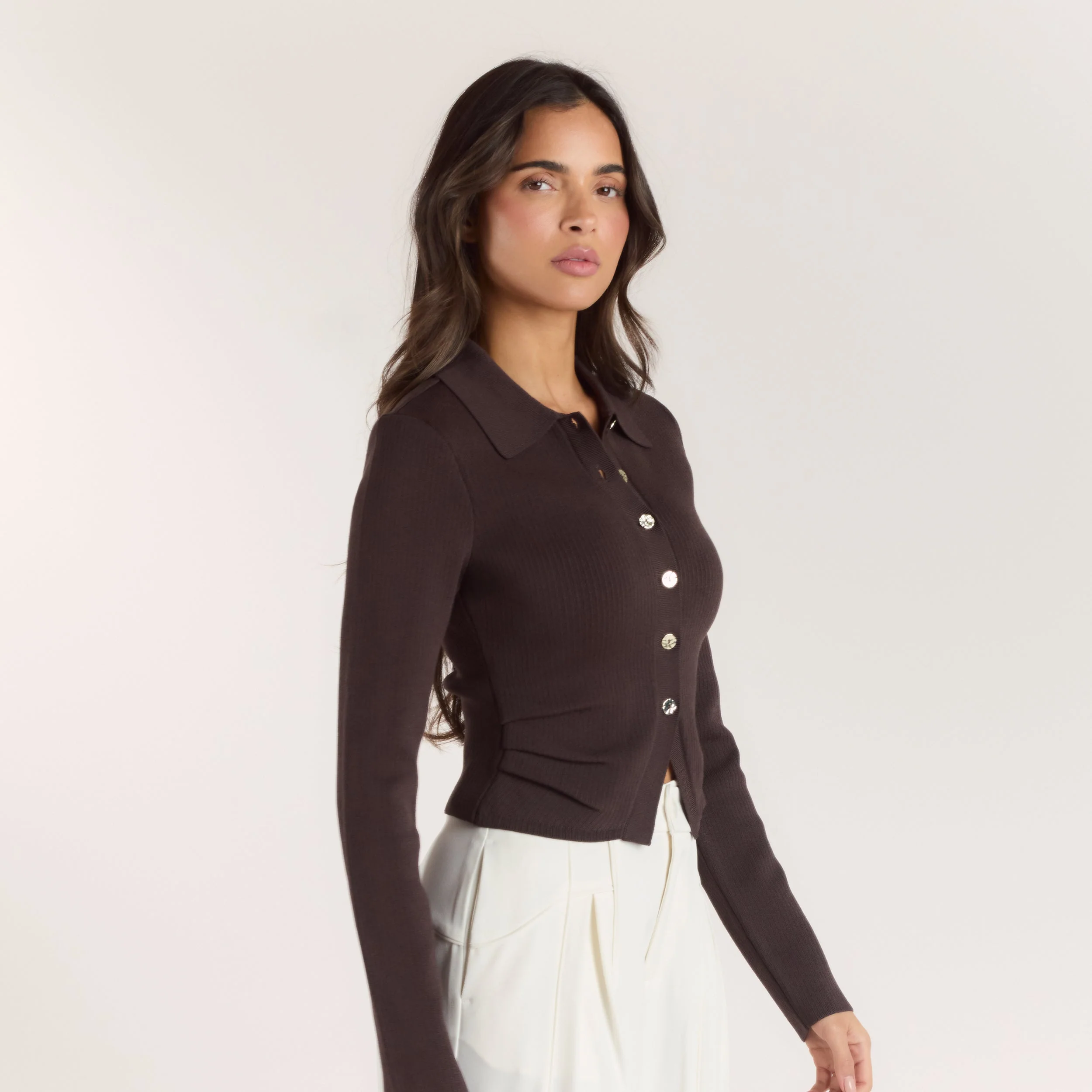 Ribbed Knitted Cardigan - Chocolate - Image 5