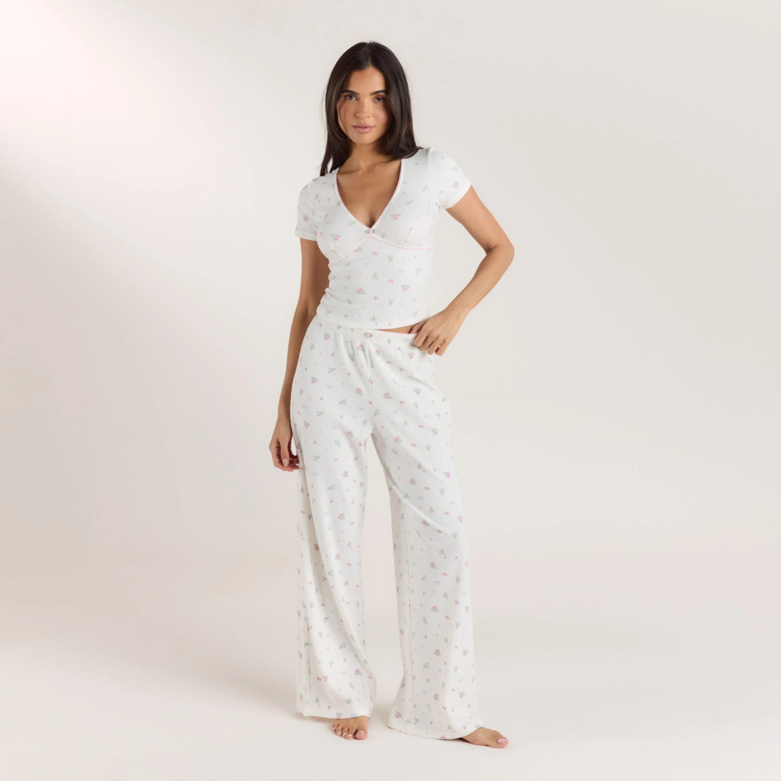 Ribbed Pajama Pants - White Floral - Image 3